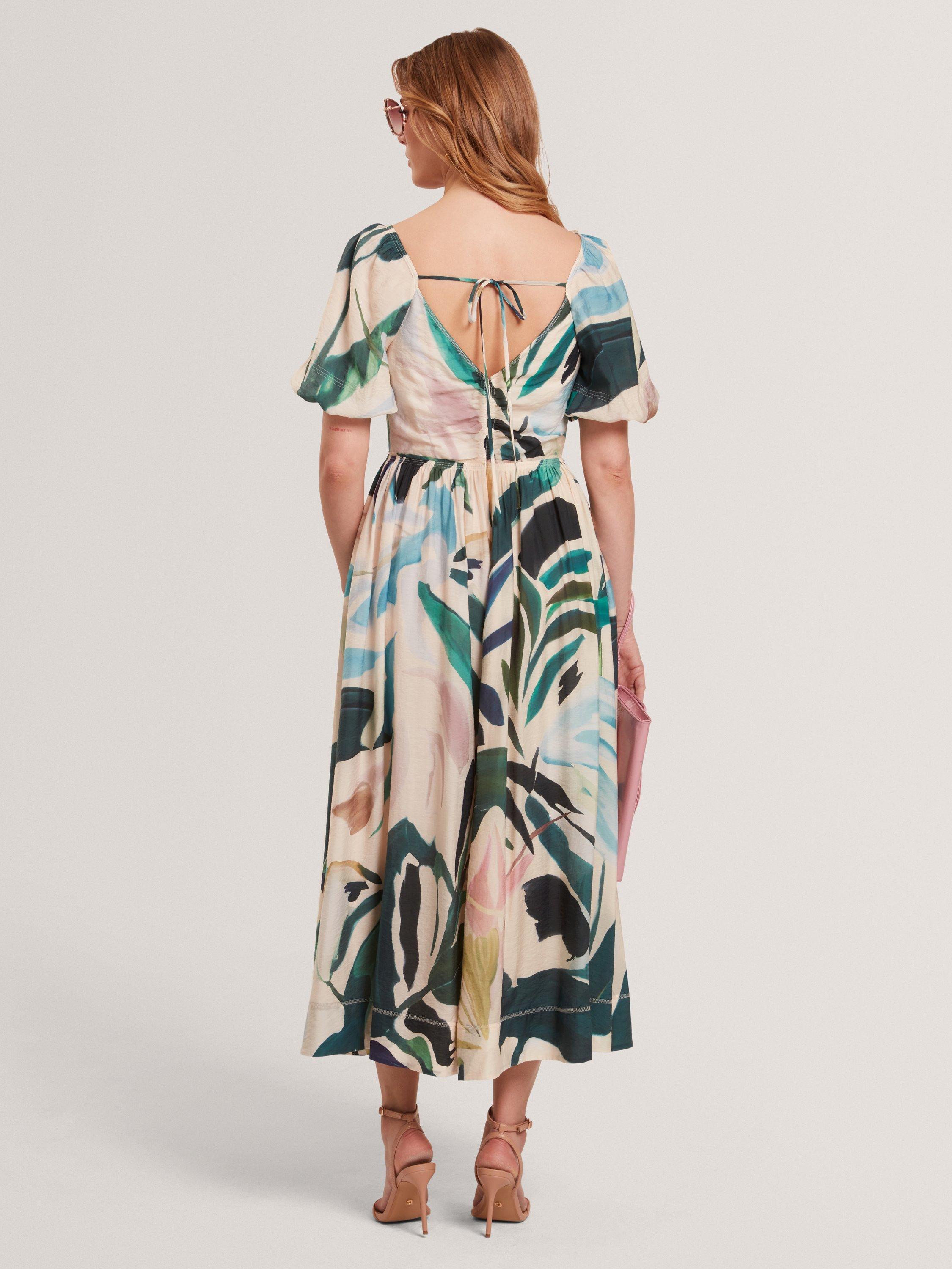Product image 3 of 5, which shows Ted Baker Abstract Floral Puff Sleeve Midi Dress, Pink, 6