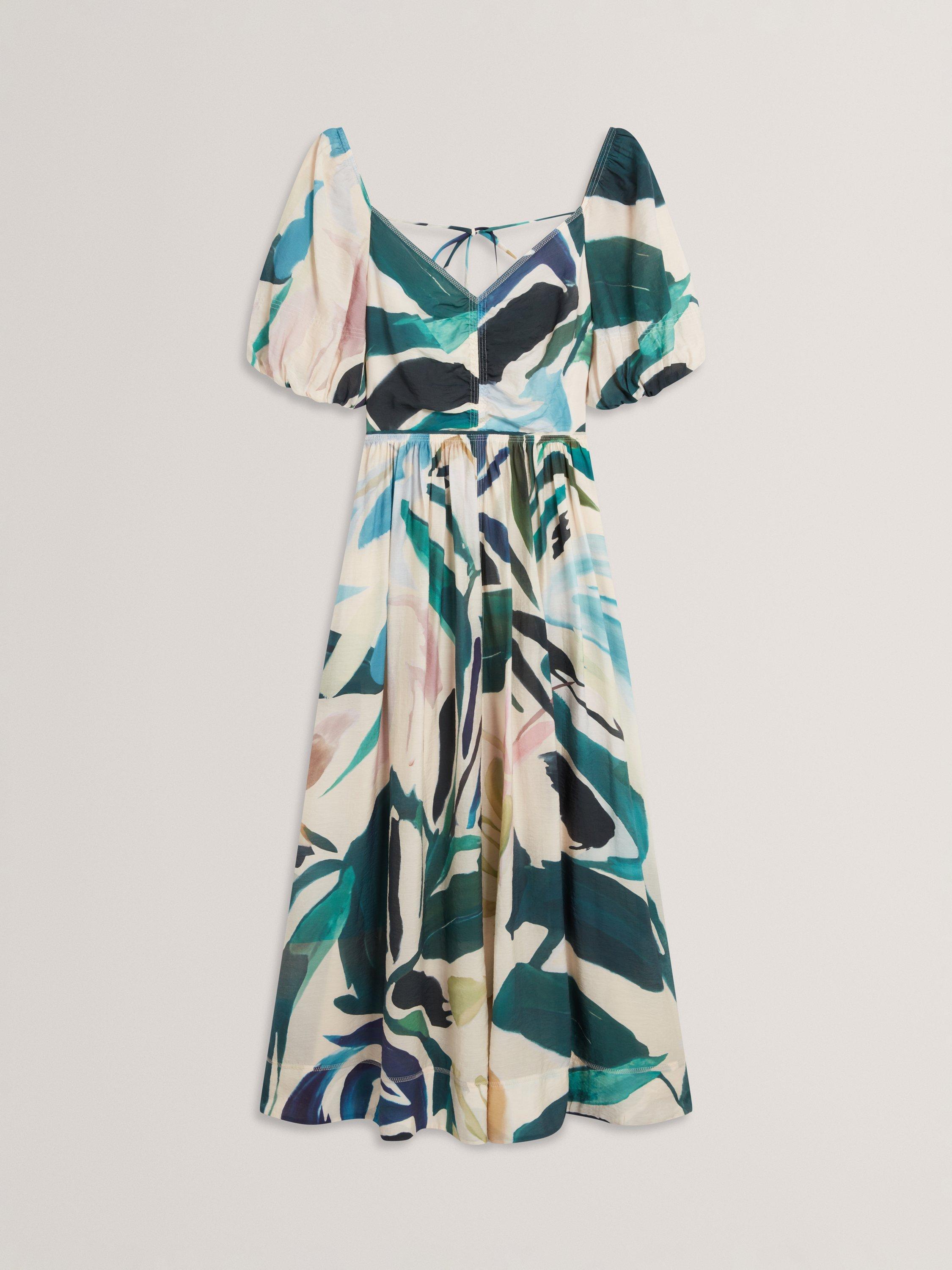 Product image 5 of 5, which shows Ted Baker Abstract Floral Puff Sleeve Midi Dress, Pink, 6