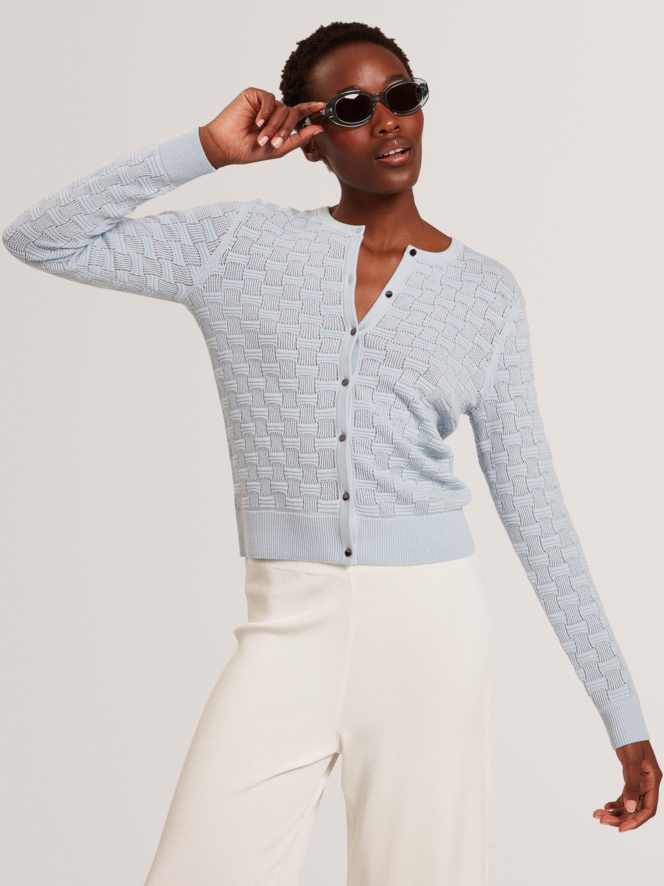 Product image 1 of 6, which shows Ted Baker Wool Blend Knit Crew Neck Cardigan, Pl-blue, 6