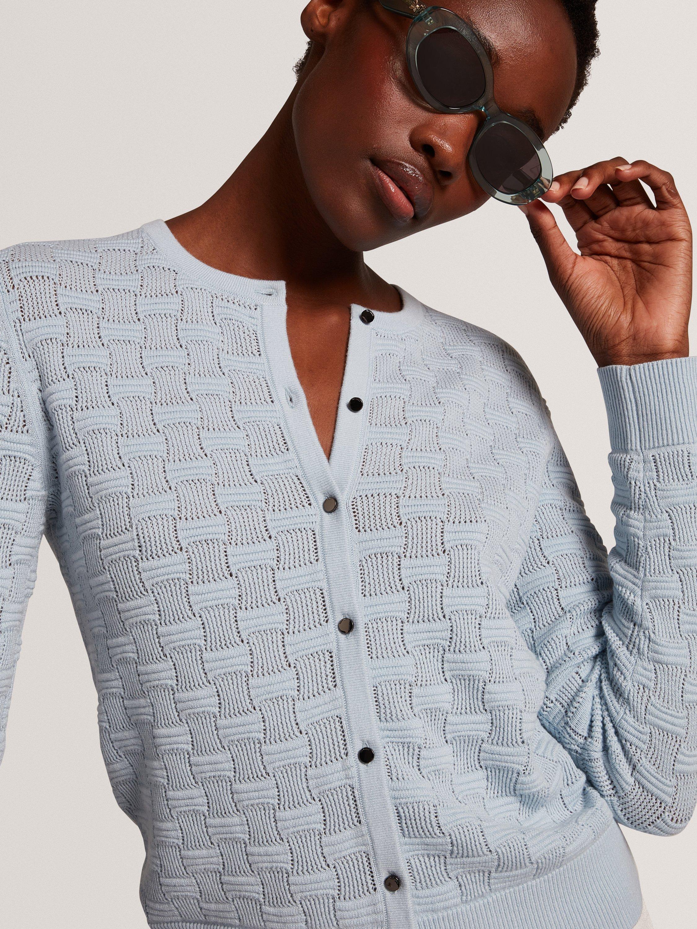 Product image 2 of 6, which shows Ted Baker Wool Blend Knit Crew Neck Cardigan, Pl-blue, 6