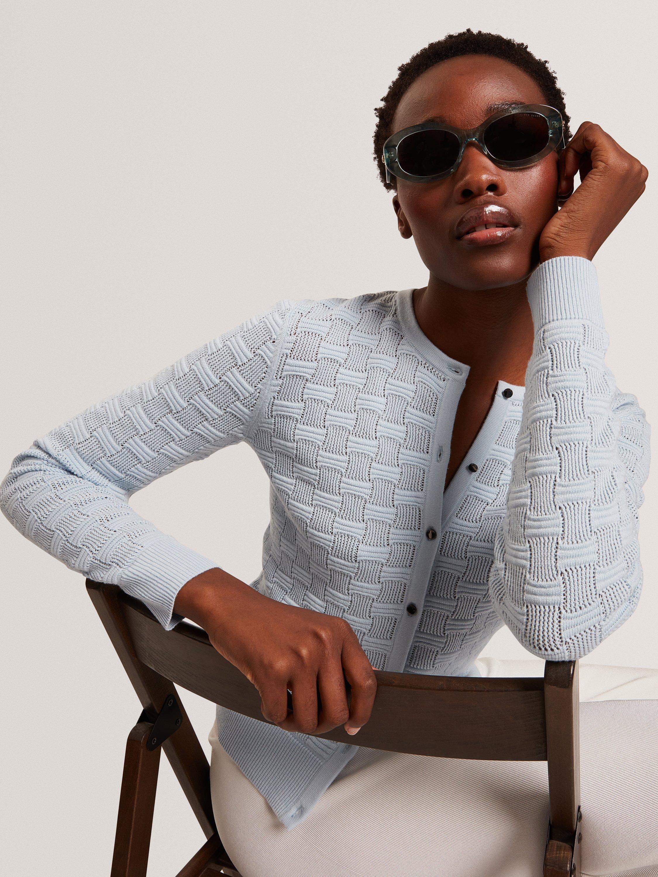 Product image 3 of 6, which shows Ted Baker Wool Blend Knit Crew Neck Cardigan, Pl-blue, 6