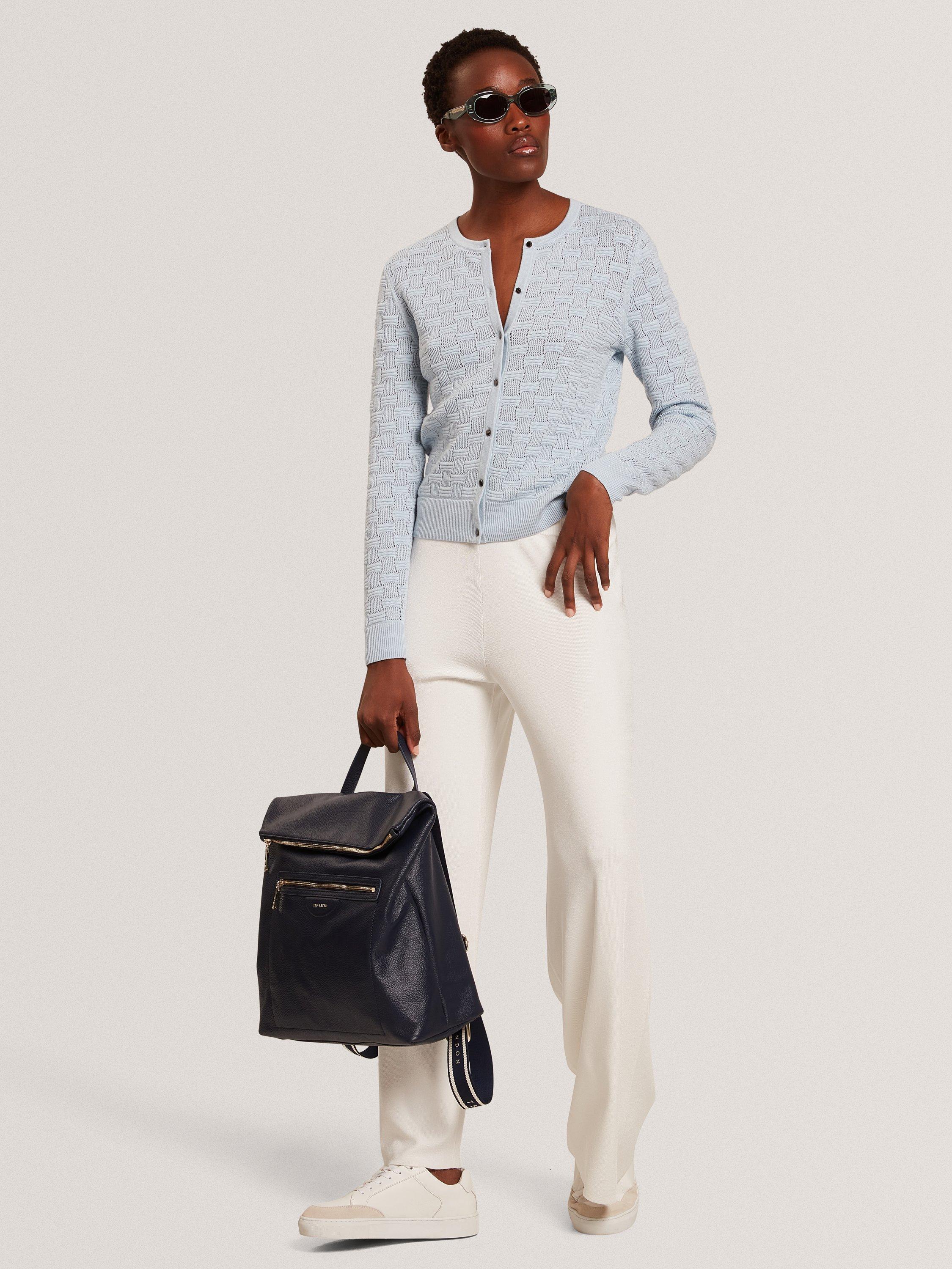 Product image 4 of 6, which shows Ted Baker Wool Blend Knit Crew Neck Cardigan, Pl-blue, 6