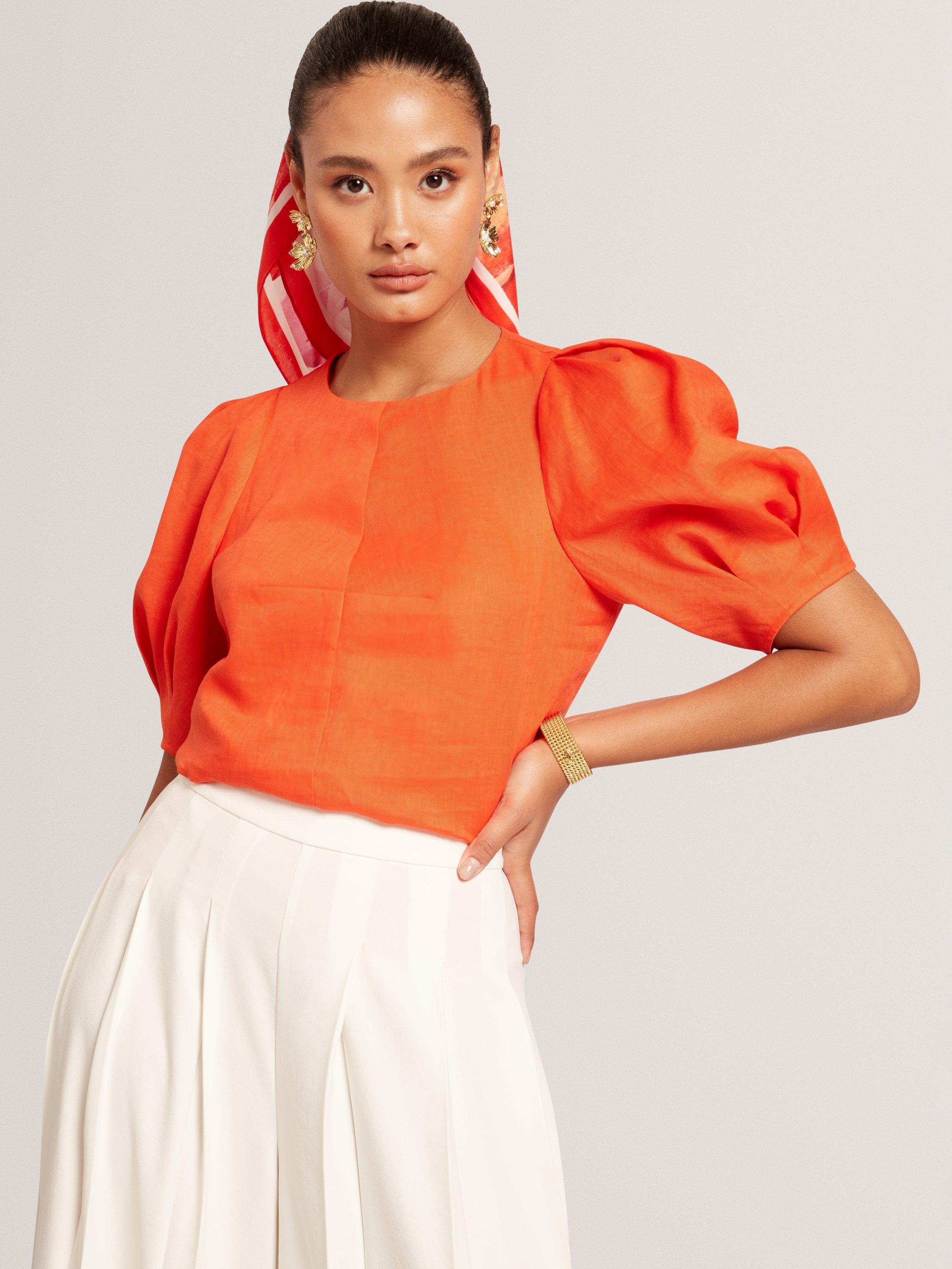 Product image 1 of 7, which shows Ted Baker Puff Sleeve Pure Linen Top, Orange, 8
