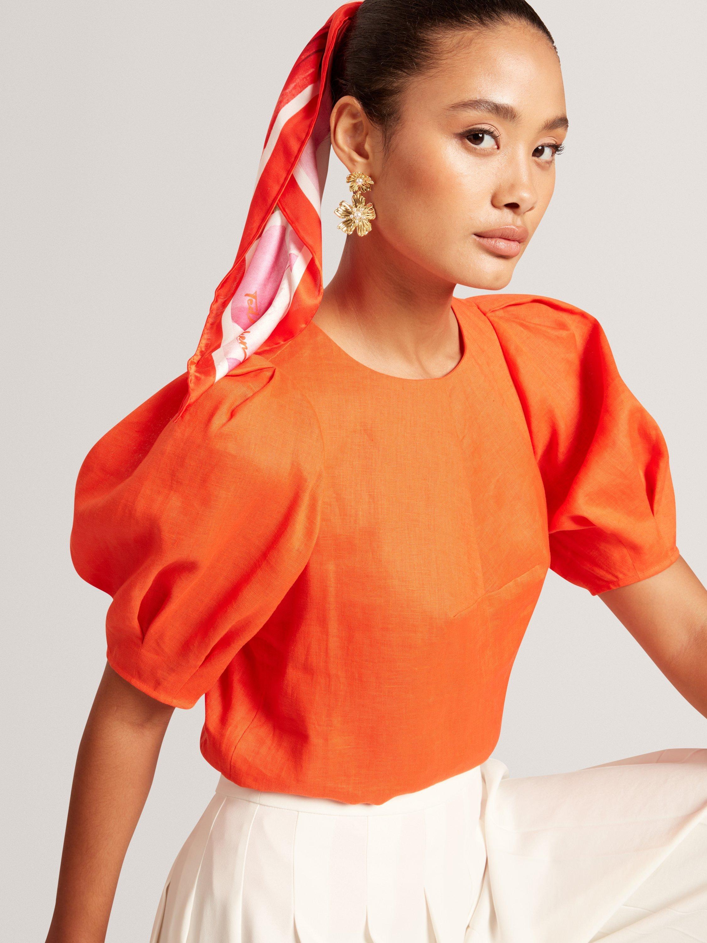 Product image 2 of 7, which shows Ted Baker Puff Sleeve Pure Linen Top, Orange, 8