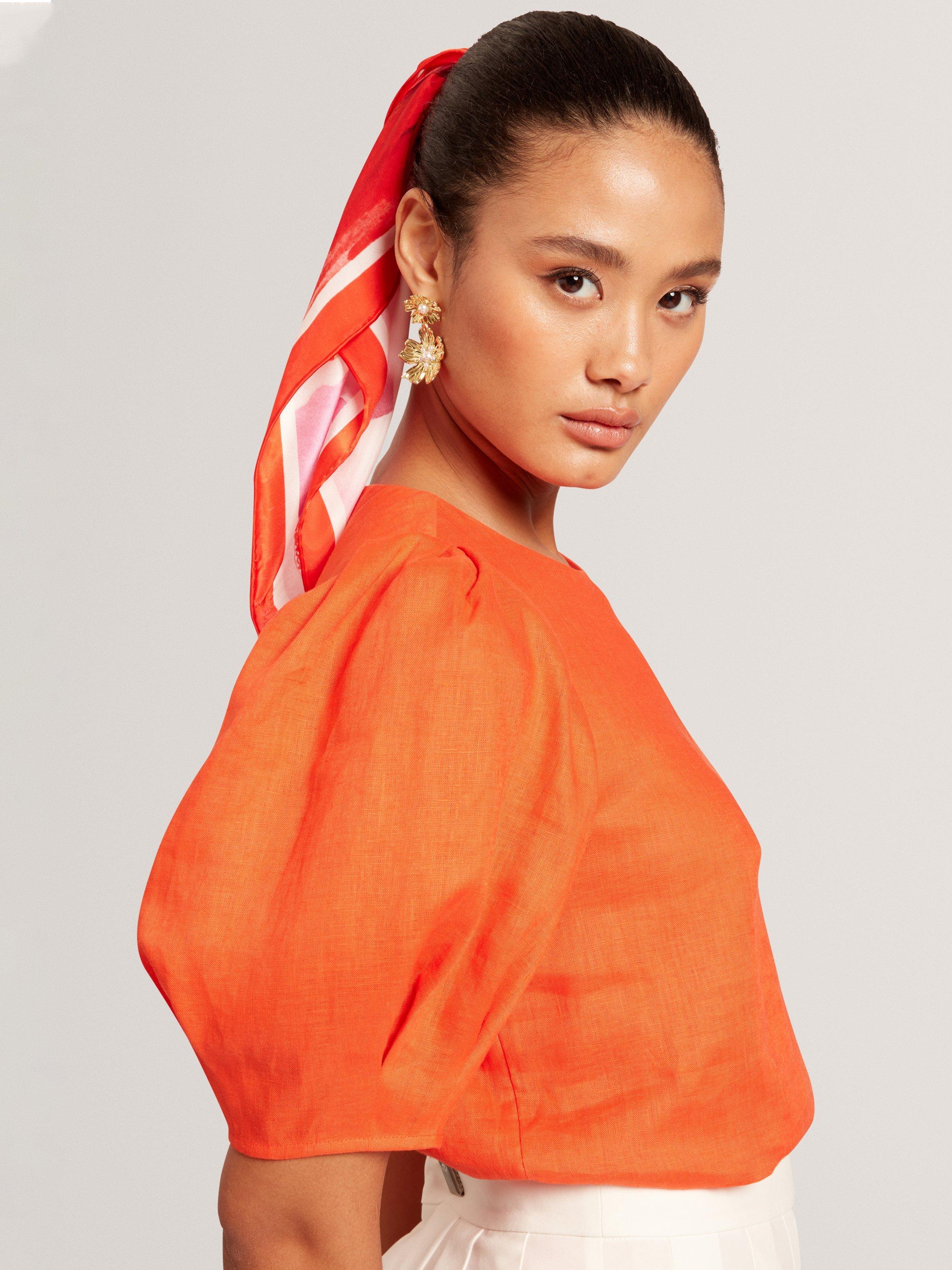 Product image 4 of 7, which shows Ted Baker Puff Sleeve Pure Linen Top, Orange, 8