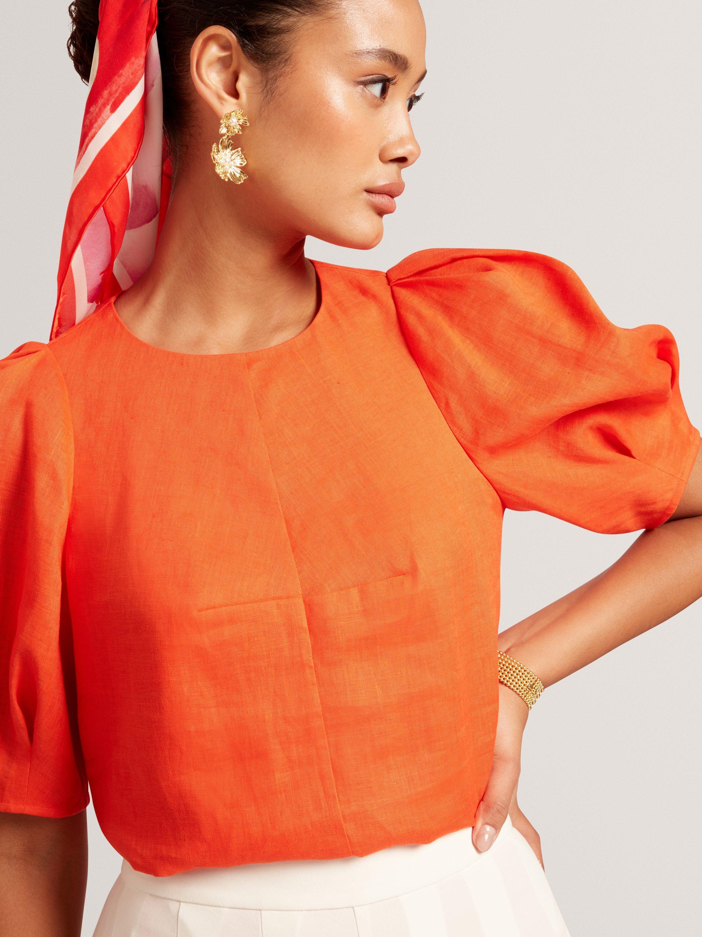 Product image 5 of 7, which shows Ted Baker Puff Sleeve Pure Linen Top, Orange, 8