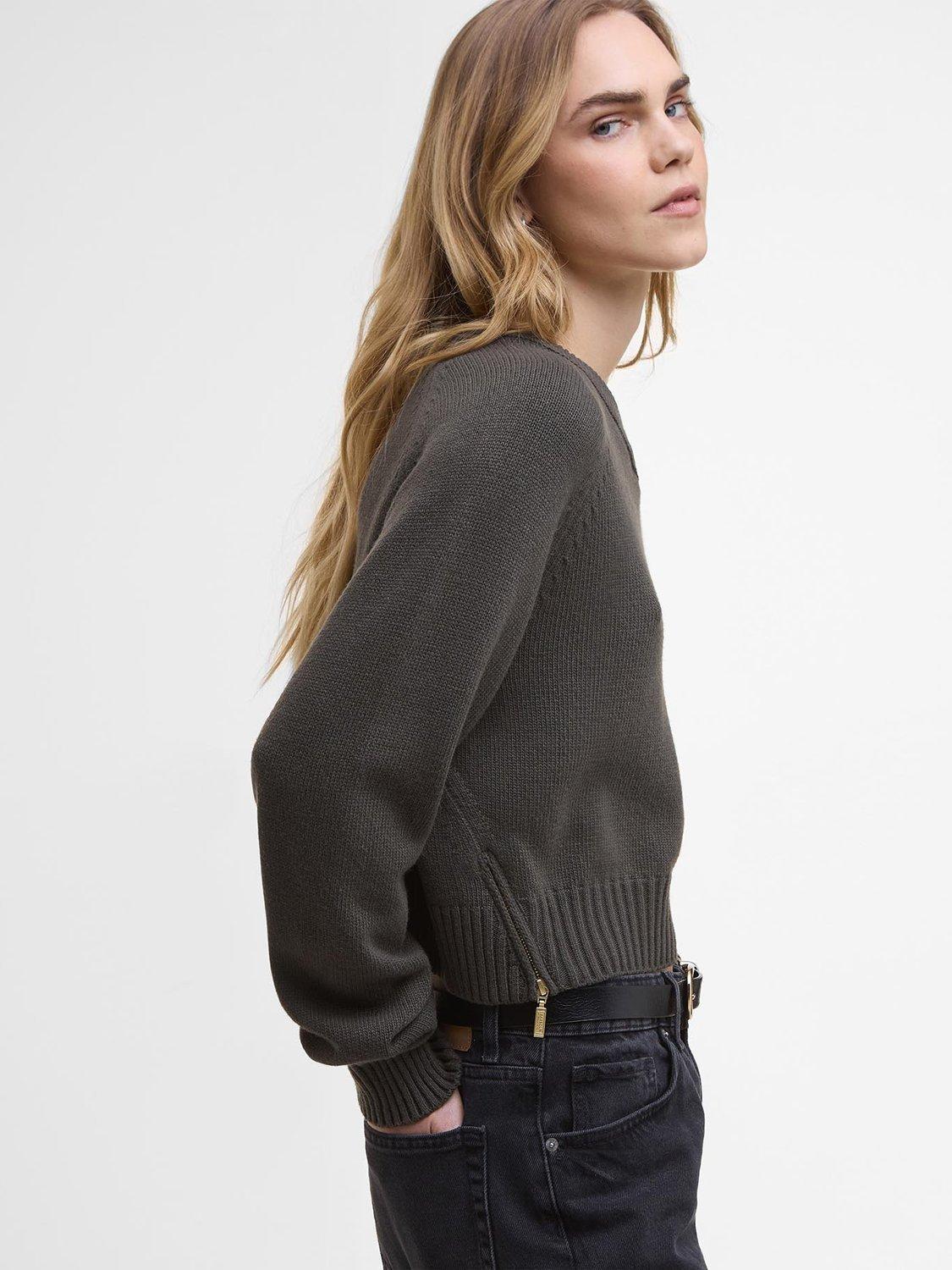Product image 5 of 7, which shows Barbour International Atlanta Oversized Knit Cropped Wool Blend Jumper , Dusky Khaki, 8