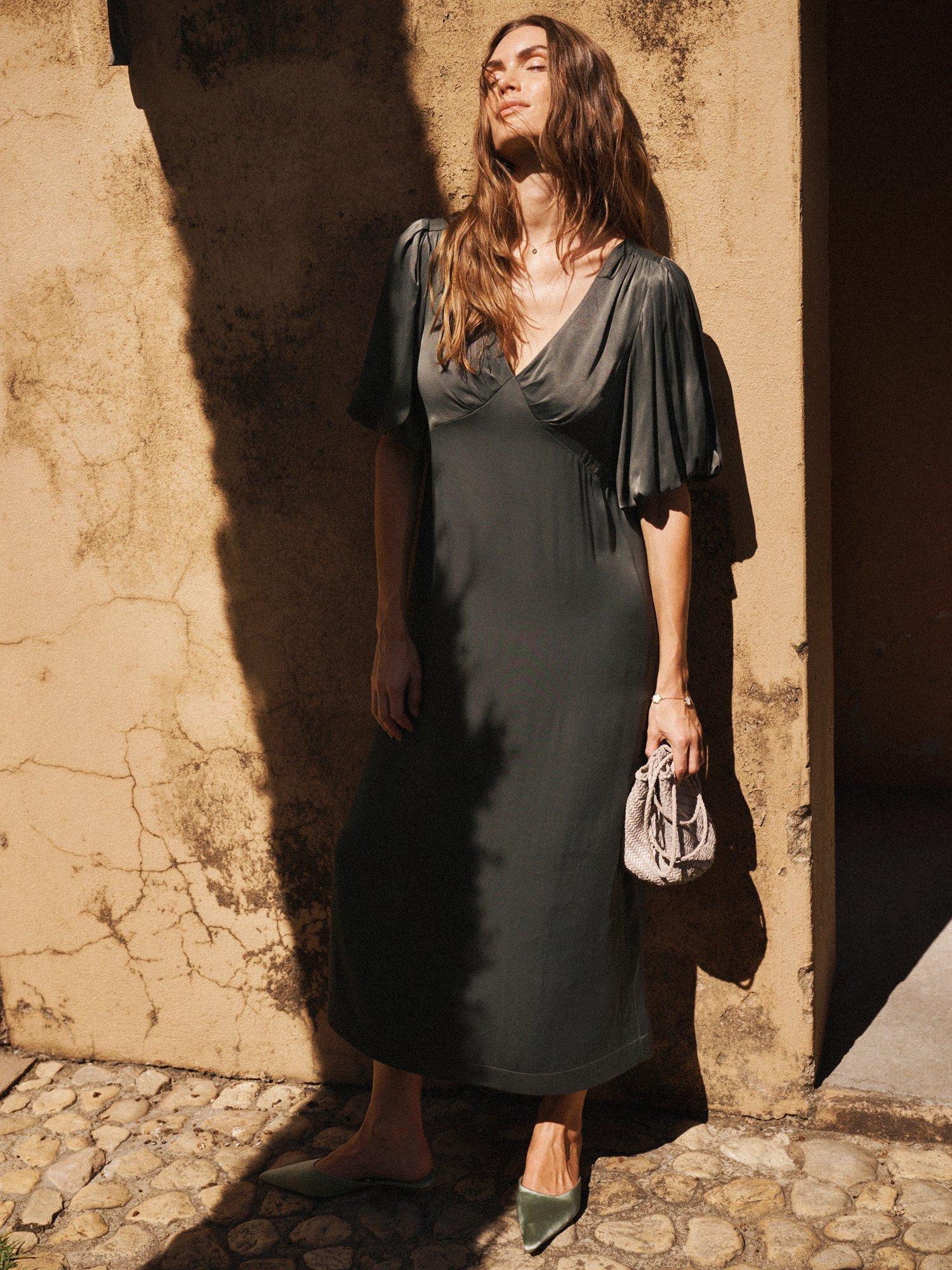 Product image 2 of 8, which shows Nela x NRBY Isidore Satin Dress, Khaki, XS