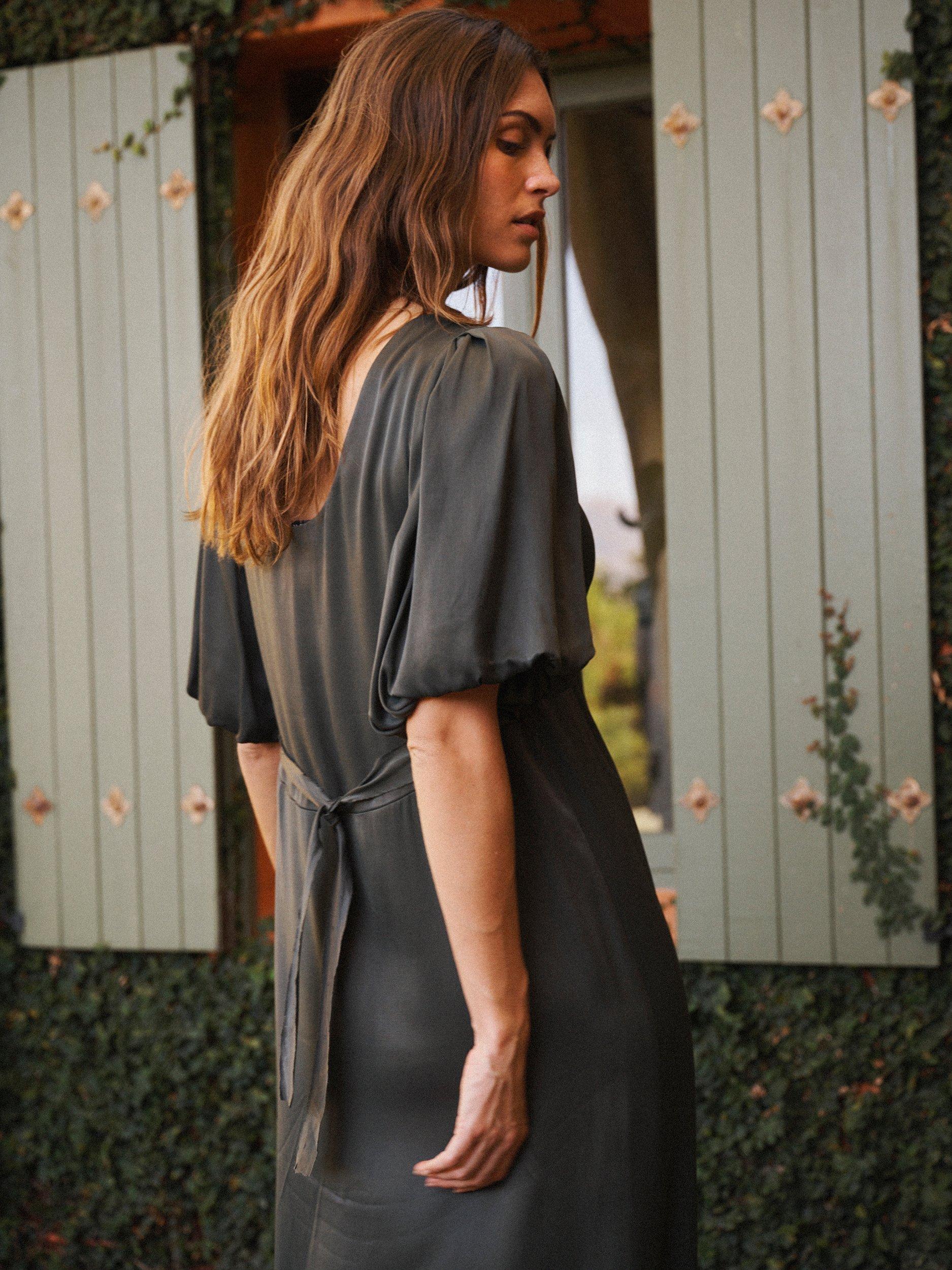 Product image 4 of 8, which shows Nela x NRBY Isidore Satin Dress, Khaki, XS