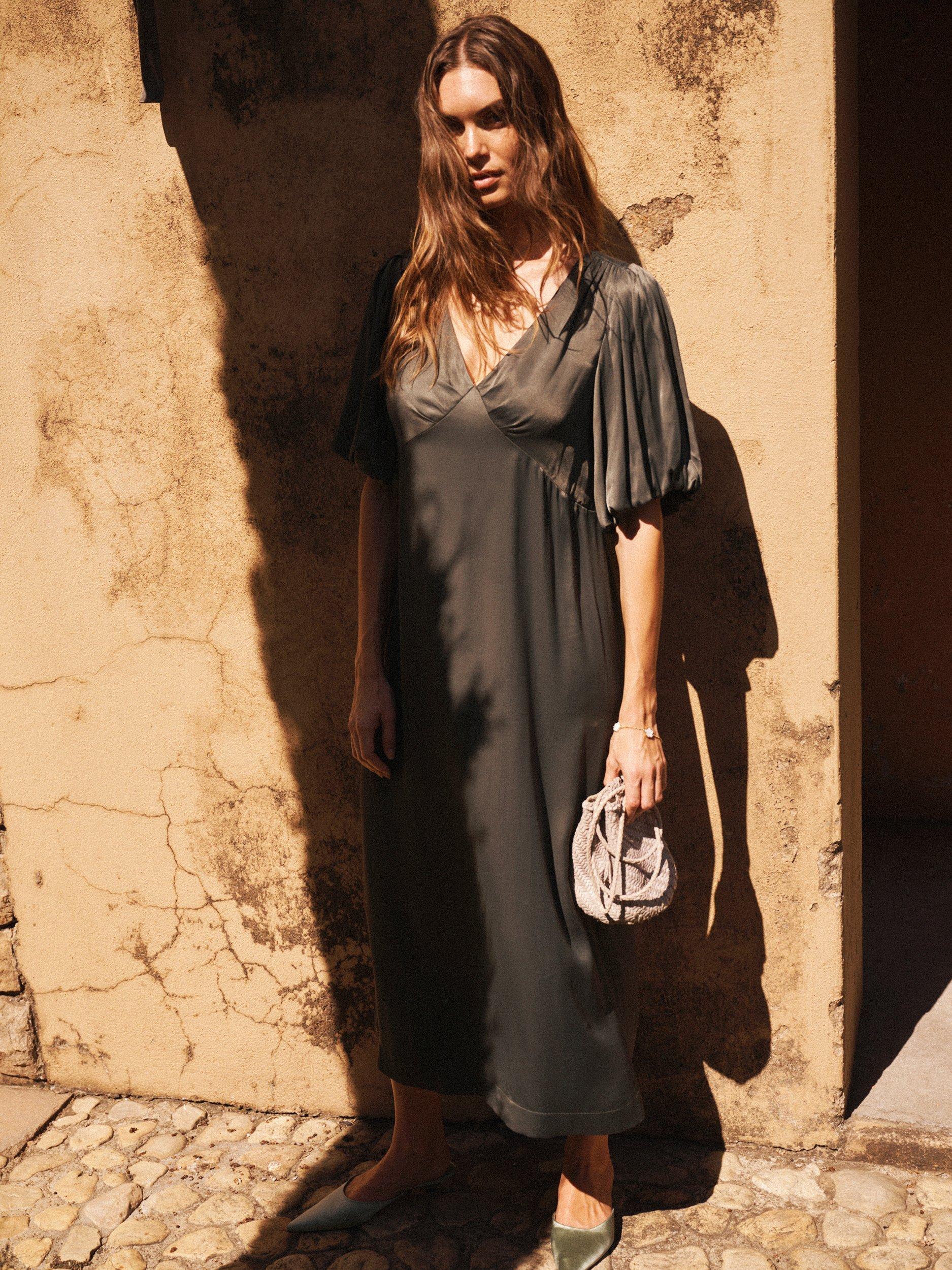 Product image 5 of 8, which shows Nela x NRBY Isidore Satin Dress, Khaki, XS