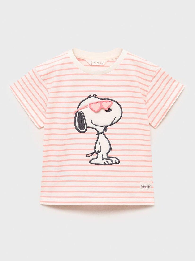 Product image 1 of 3, which shows Mango Kids' Snoopy Stripe Cotton T-Shirt, Bright Red, 18-24 months