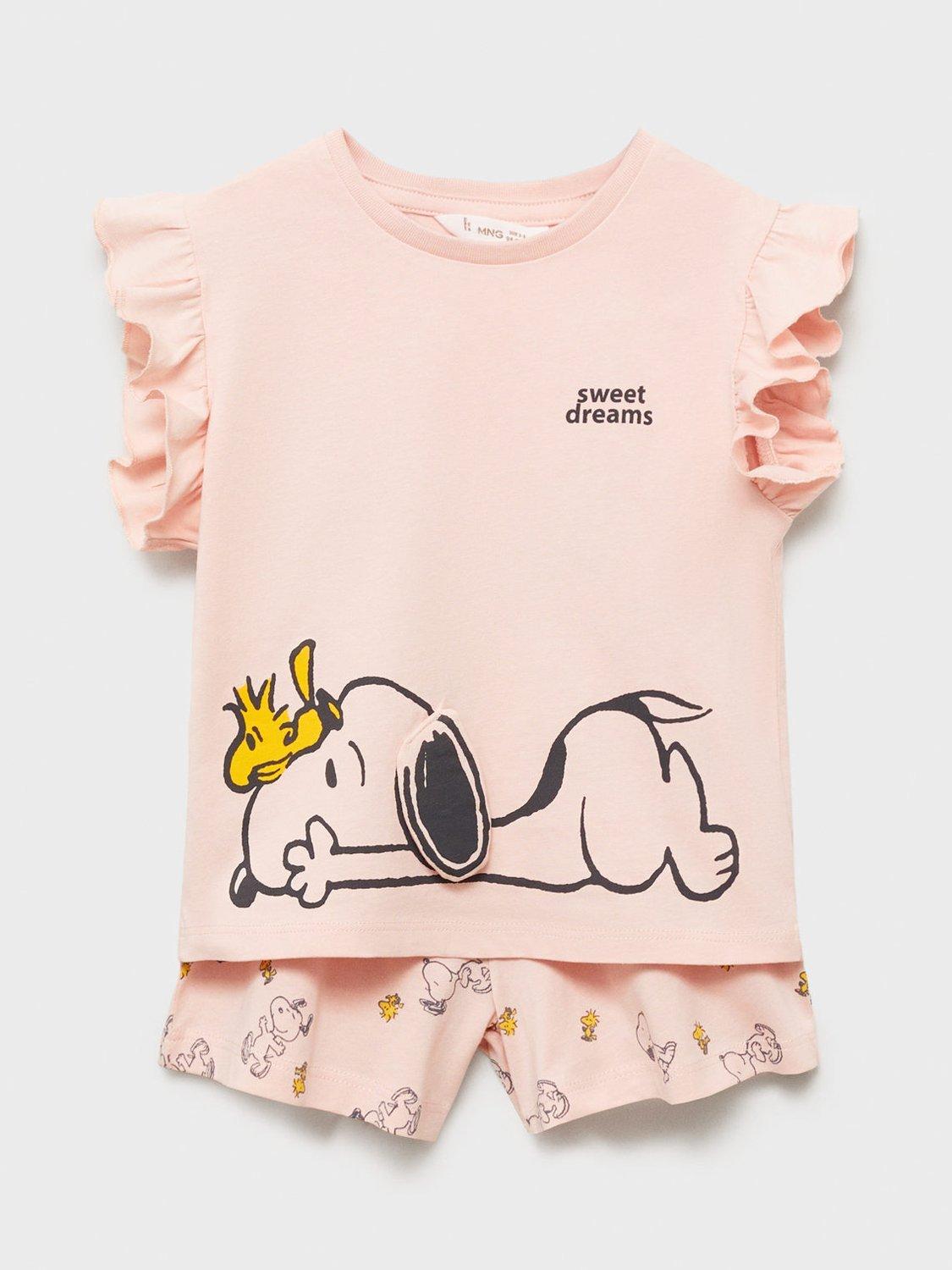 Product image 1 of 5, which shows Mango Kids' Sweet Dreams Snoopy Cotton Shortie Pyjama Set, Pink, 12-18 months