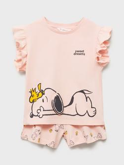 Mango Kids' Sweet Dreams Snoopy Cotton Shortie Pyjama Set, Pink, Pink