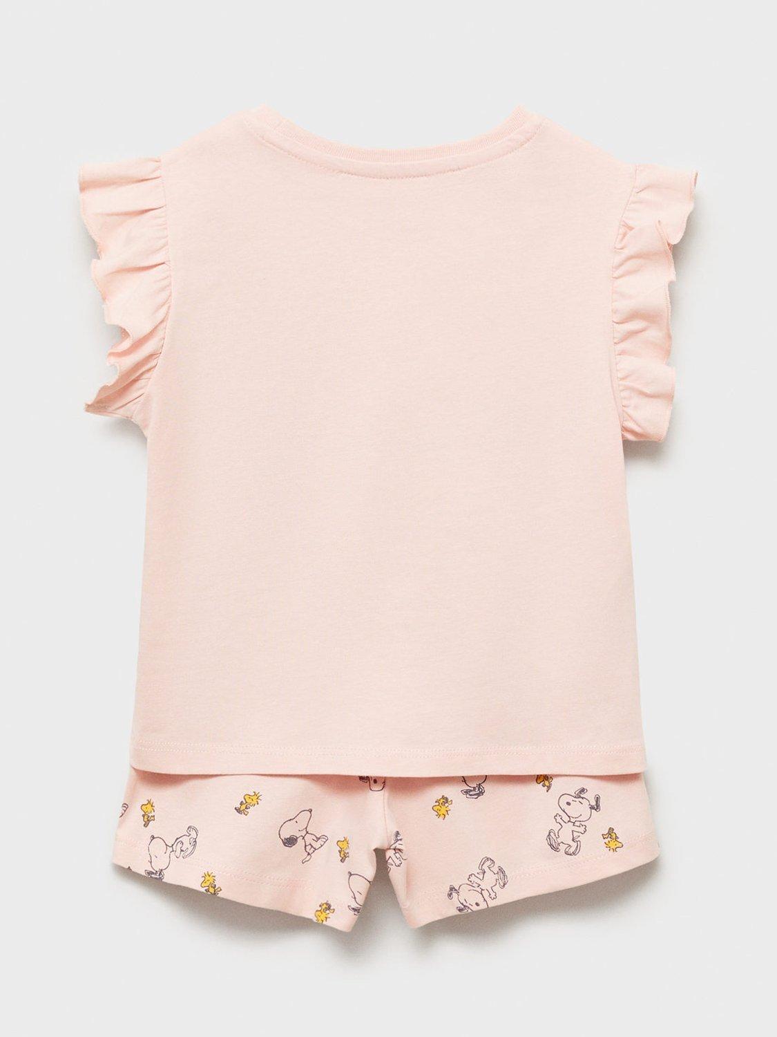 Product image 2 of 5, which shows Mango Kids' Sweet Dreams Snoopy Cotton Shortie Pyjama Set, Pink, 12-18 months