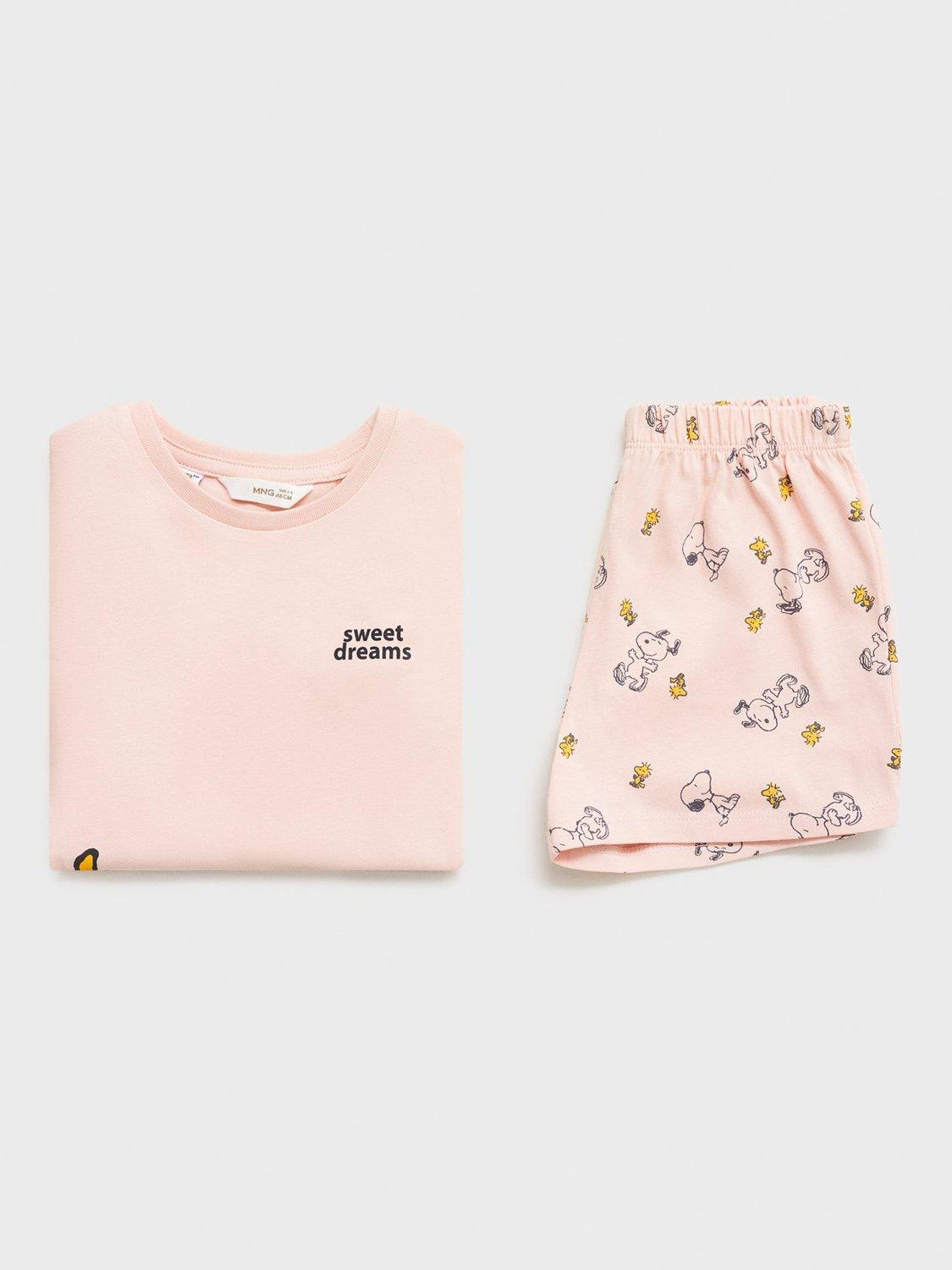 Product image 3 of 5, which shows Mango Kids' Sweet Dreams Snoopy Cotton Shortie Pyjama Set, Pink, 12-18 months