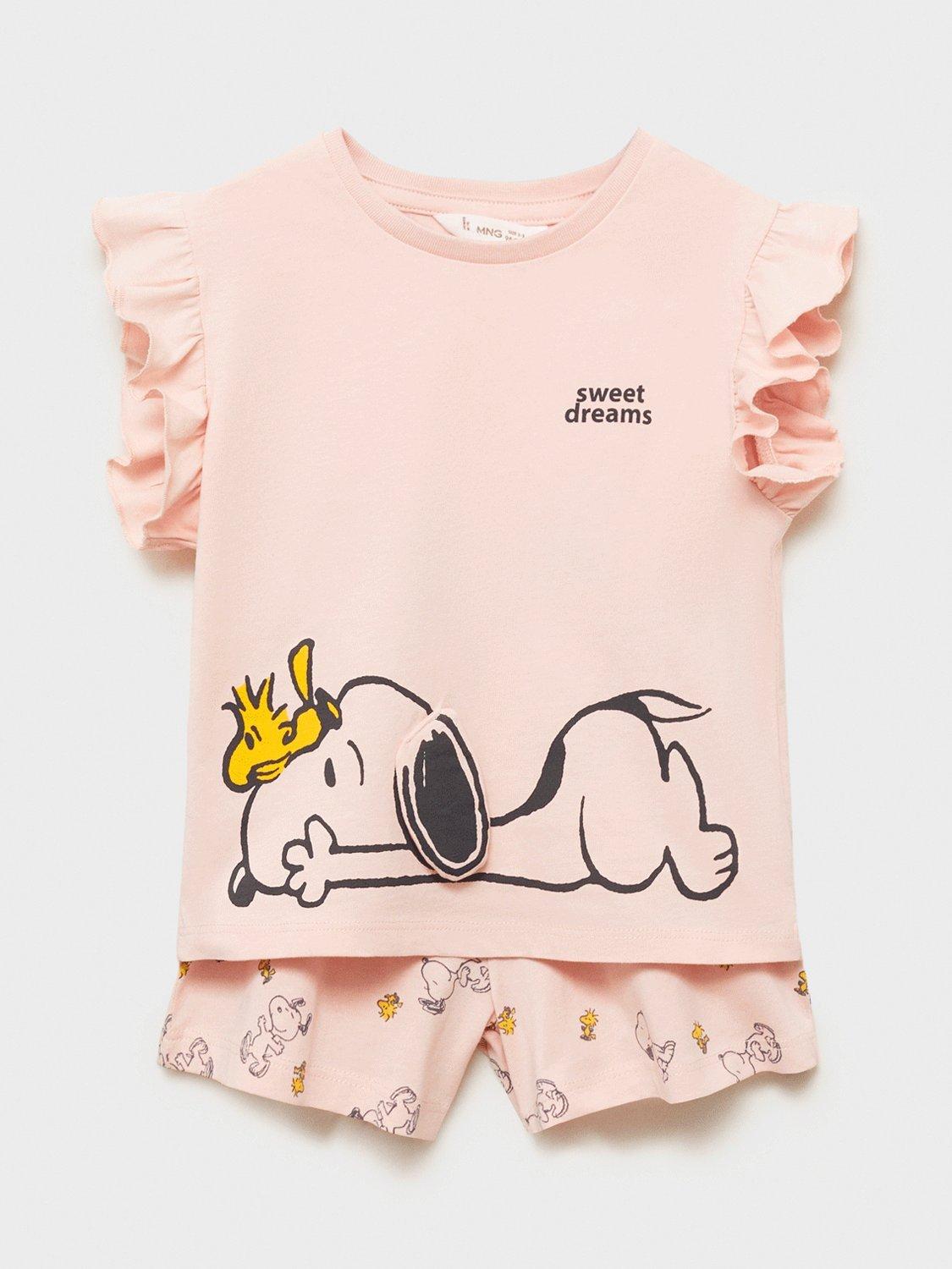 Product image 5 of 5, which shows Mango Kids' Sweet Dreams Snoopy Cotton Shortie Pyjama Set, Pink, 12-18 months
