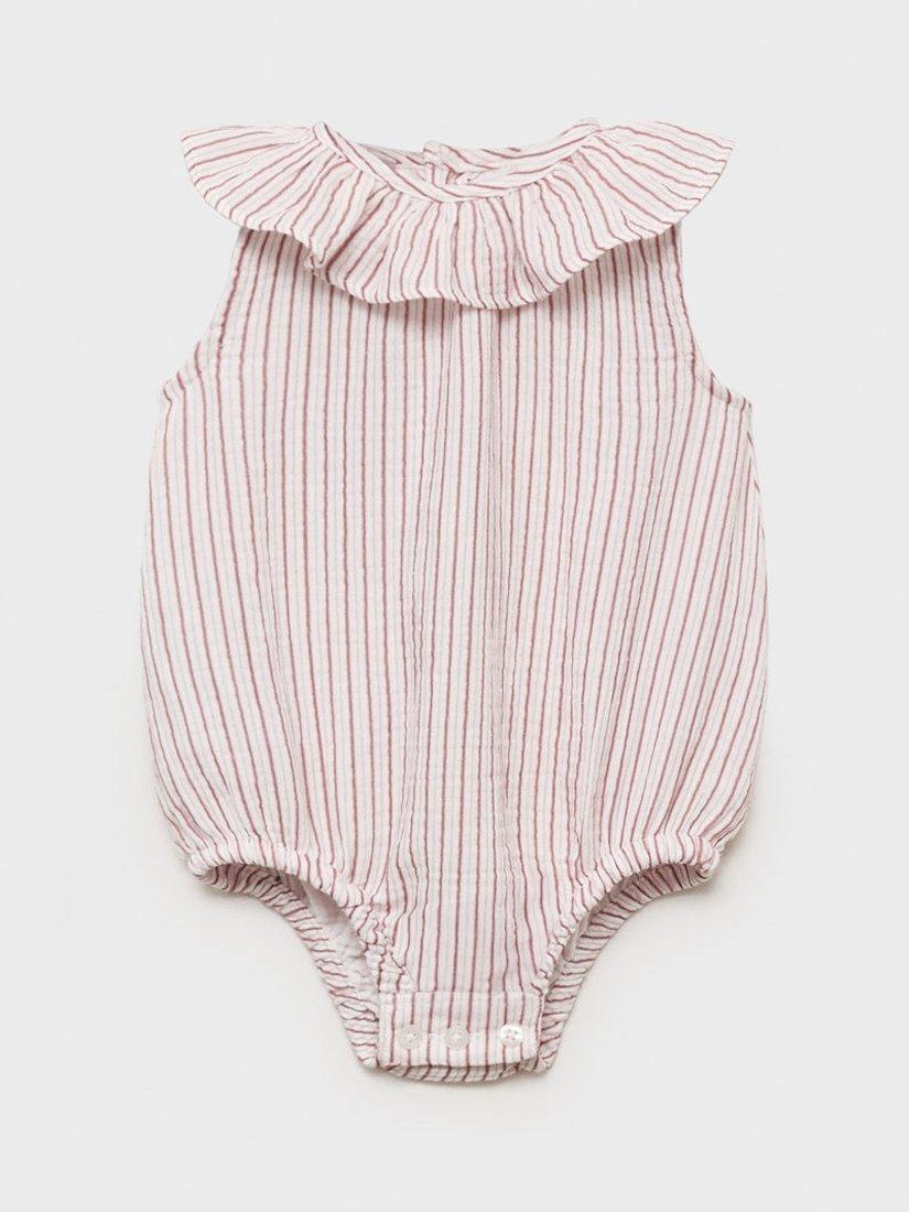 Product image 1 of 4, which shows Mango Baby Cotton Stripe Frill Collar Romper, Pink, 1-3 months
