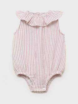 Mango Baby Cotton Stripe Frill Collar Romper, Pink, Pink