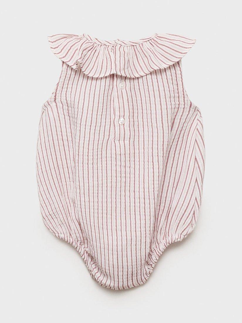 Product image 2 of 4, which shows Mango Baby Cotton Stripe Frill Collar Romper, Pink, 1-3 months