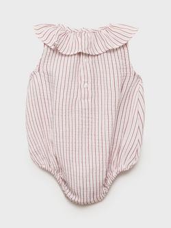 Mango Baby Cotton Stripe Frill Collar Romper, Pink - view 2, Pink