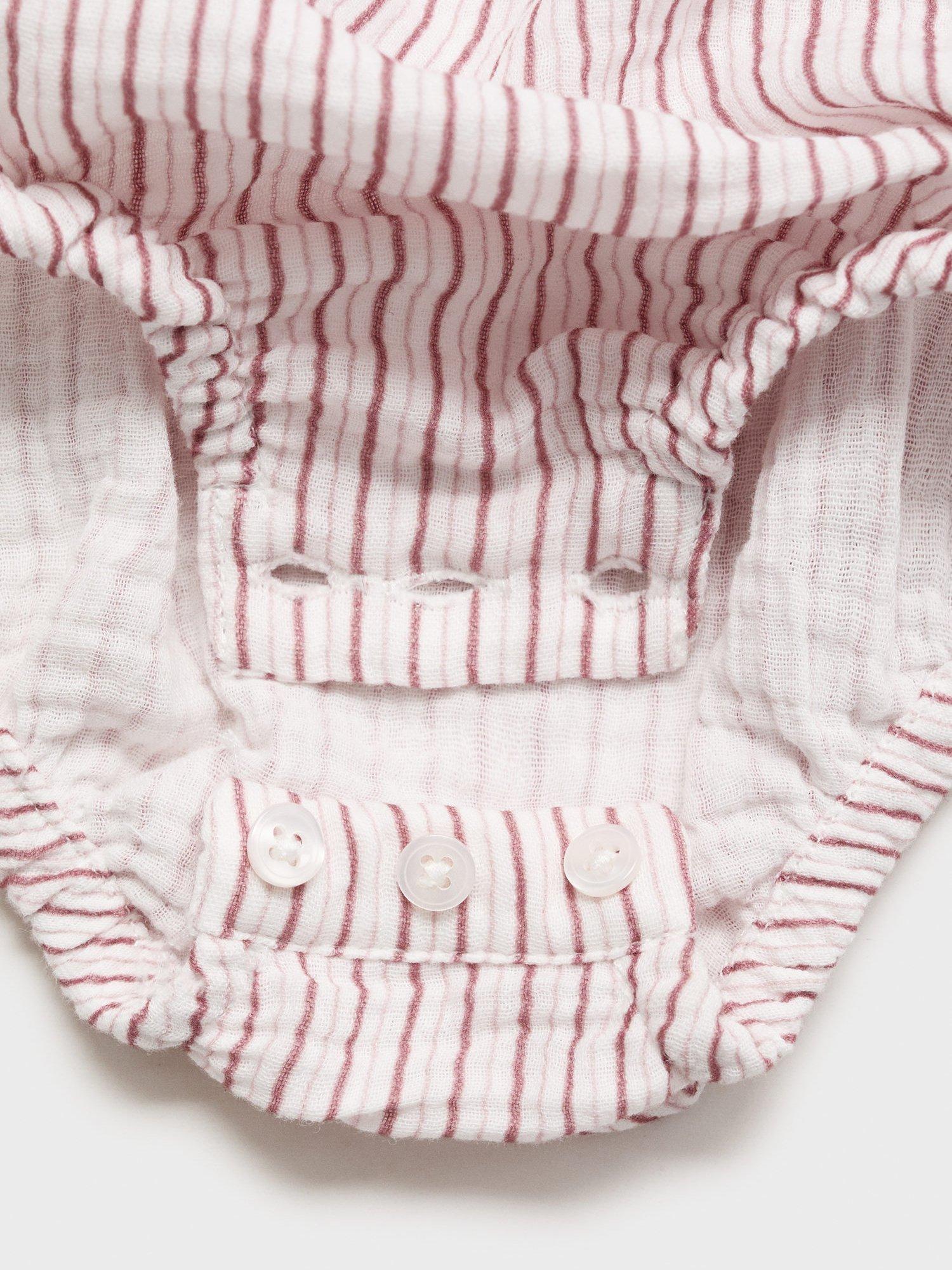 Product image 3 of 4, which shows Mango Baby Cotton Stripe Frill Collar Romper, Pink, 1-3 months