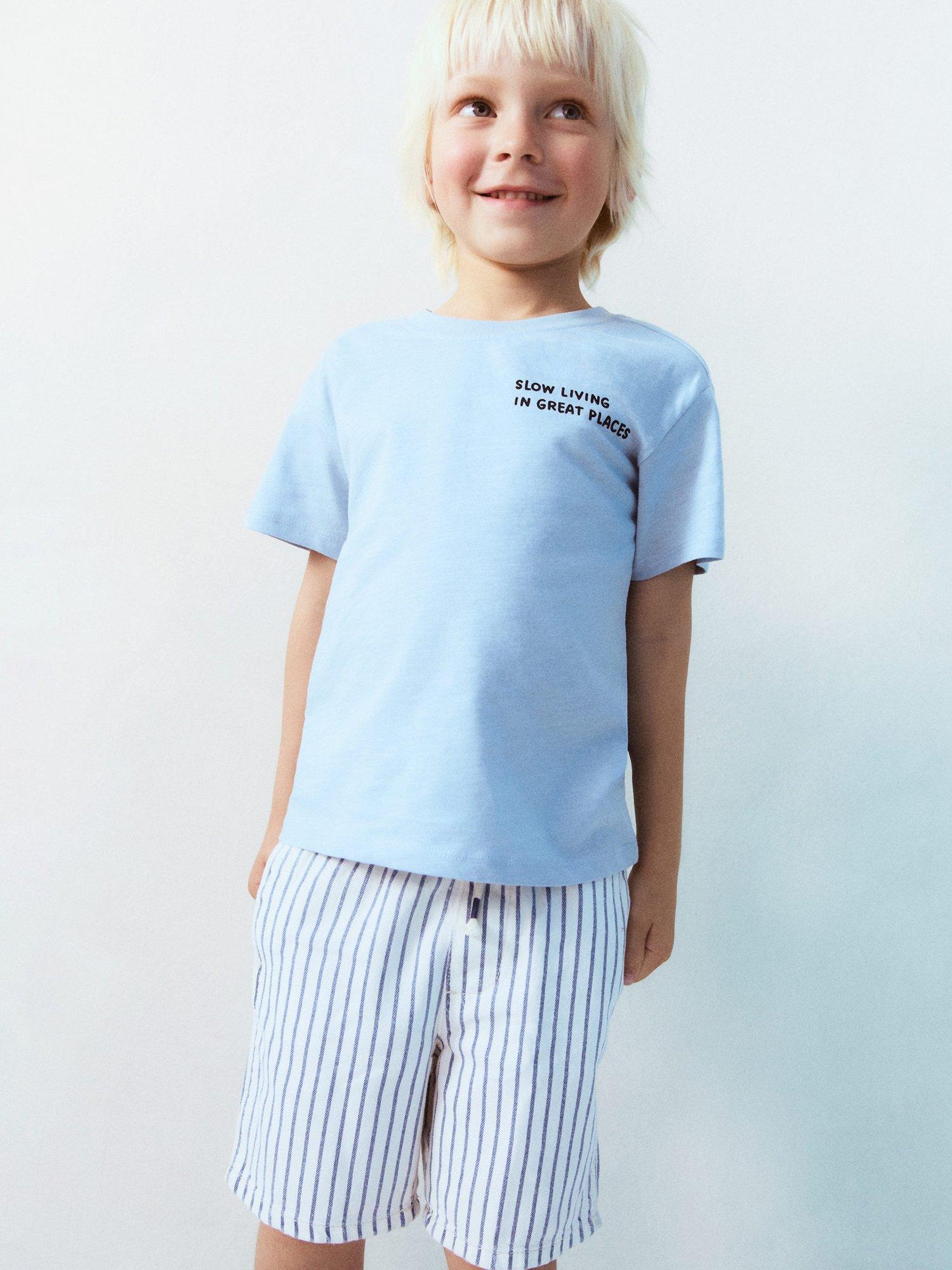 Product image 1 of 4, which shows Mango Kids' Tobago Cotton Stripe Shorts, Open Blue, 12-18 months