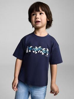 Mango Kids' The Smurfs Cotton T-Shirt, Navy, Navy