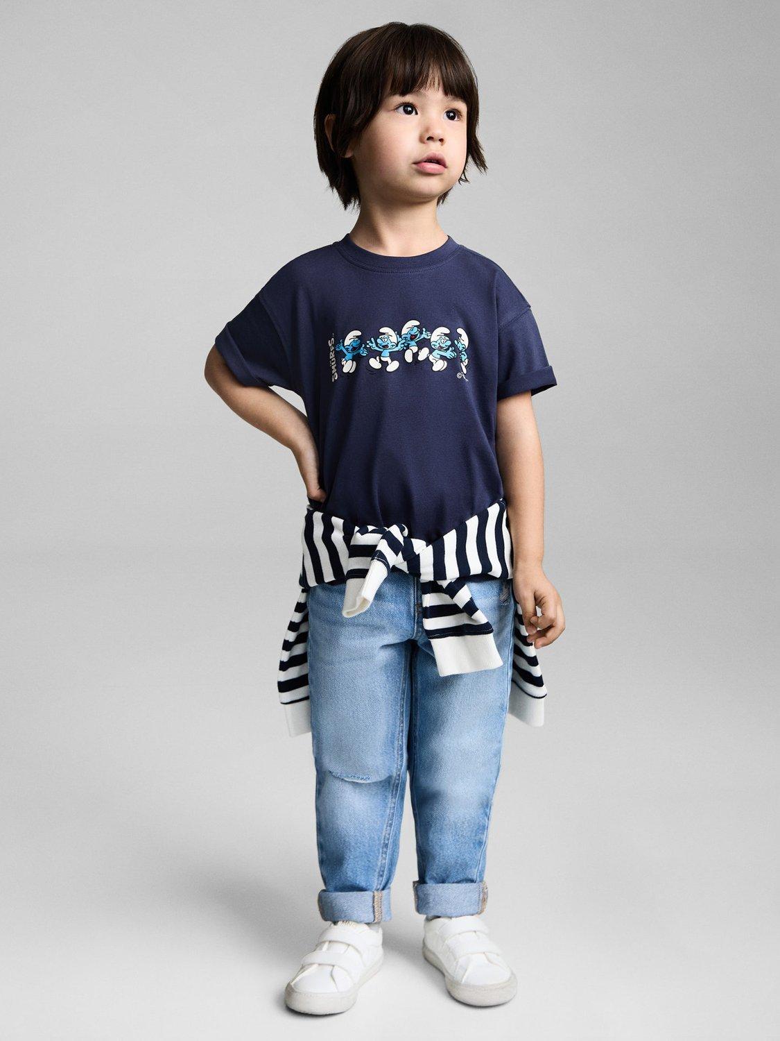 Product image 2 of 7, which shows Mango Kids' The Smurfs Cotton T-Shirt, Navy, 18-24 months