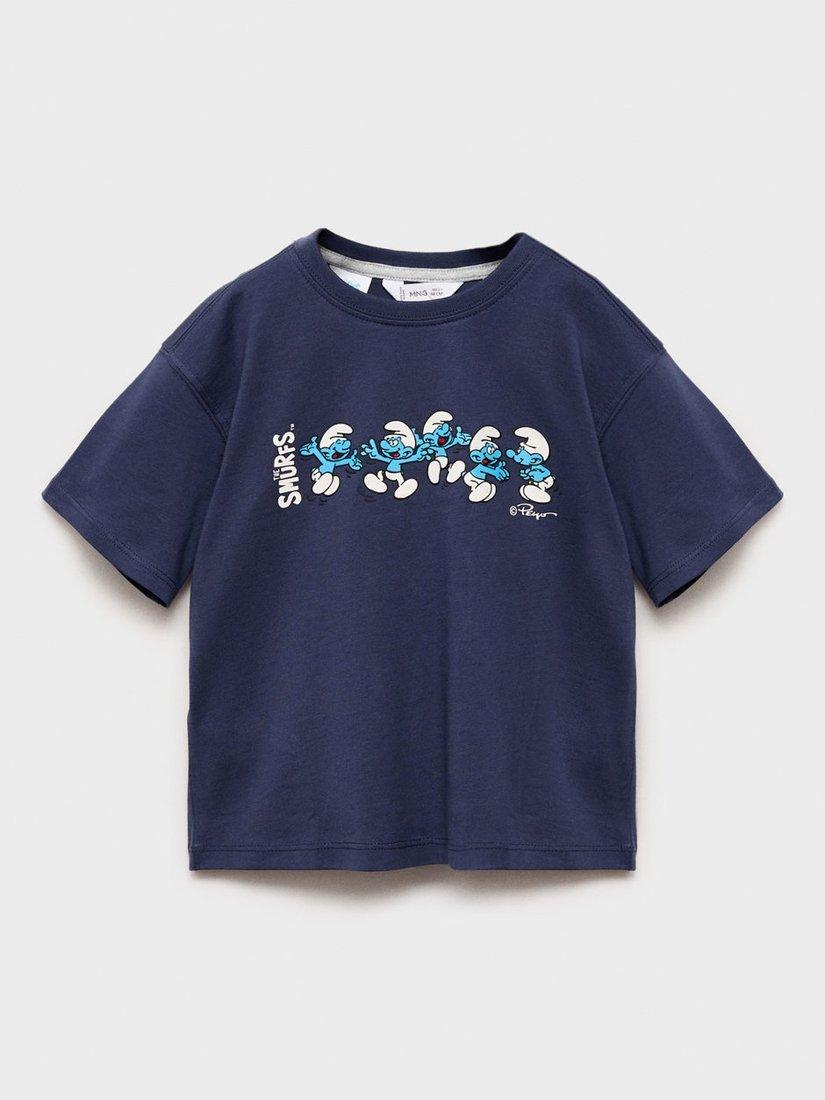 Product image 3 of 7, which shows Mango Kids' The Smurfs Cotton T-Shirt, Navy, 18-24 months