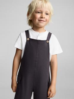 Mango Kids' Milo Cotton Button Dungarees, Charcoal