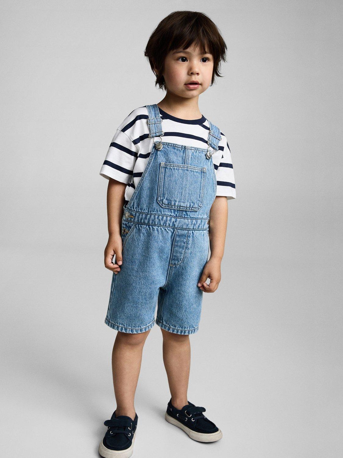 Product image 1 of 7, which shows Mango Kids' Sunset Cotton Denim Shortie Dungarees, Open Blue, 12-18 months