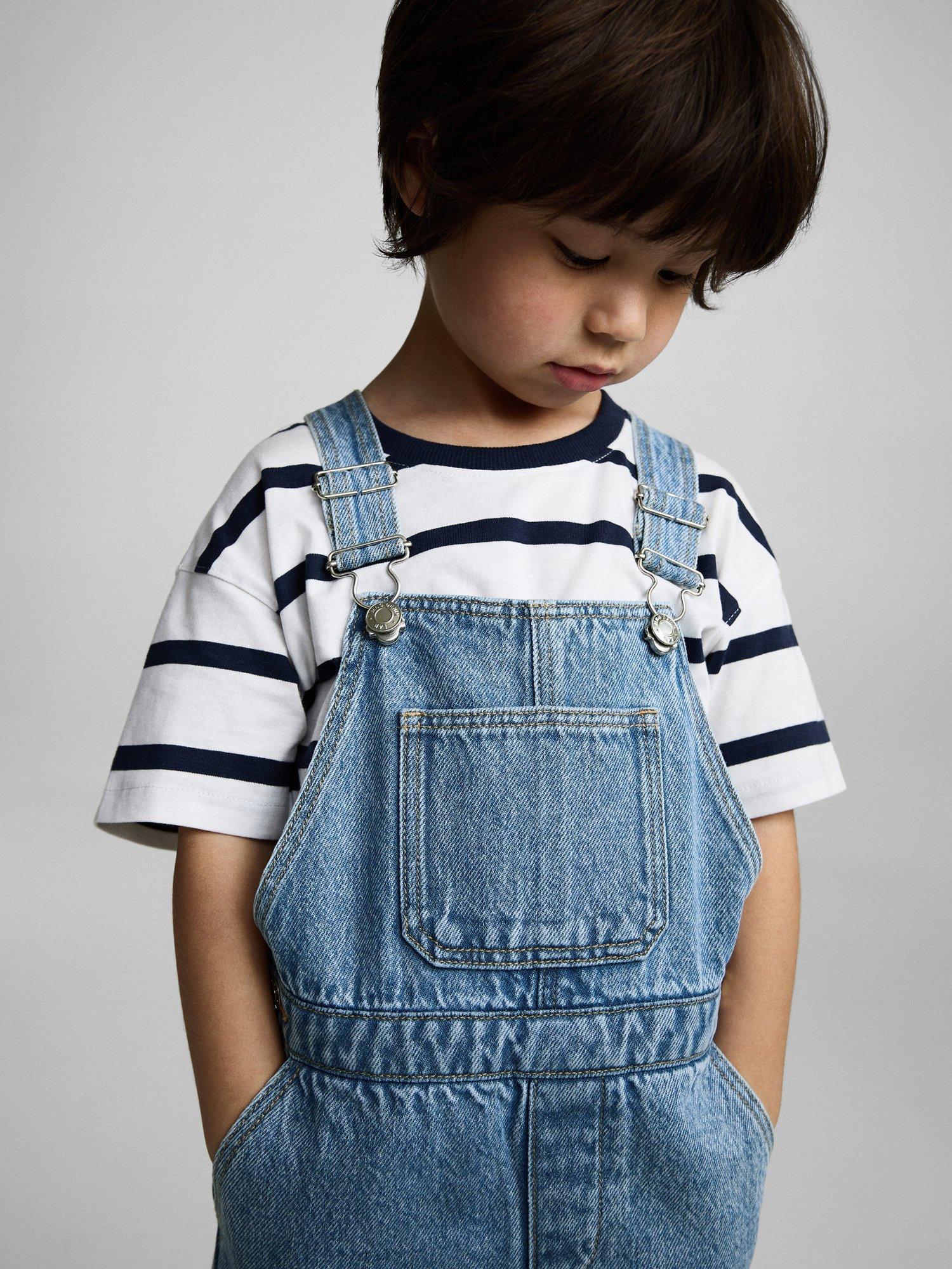 Product image 2 of 7, which shows Mango Kids' Sunset Cotton Denim Shortie Dungarees, Open Blue, 12-18 months
