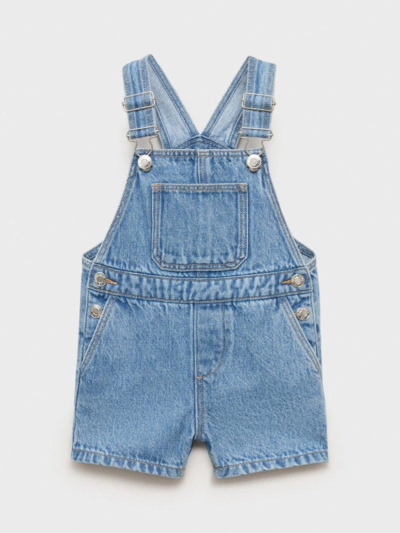 Product image 3 of 7, which shows Mango Kids' Sunset Cotton Denim Shortie Dungarees, Open Blue, 12-18 months