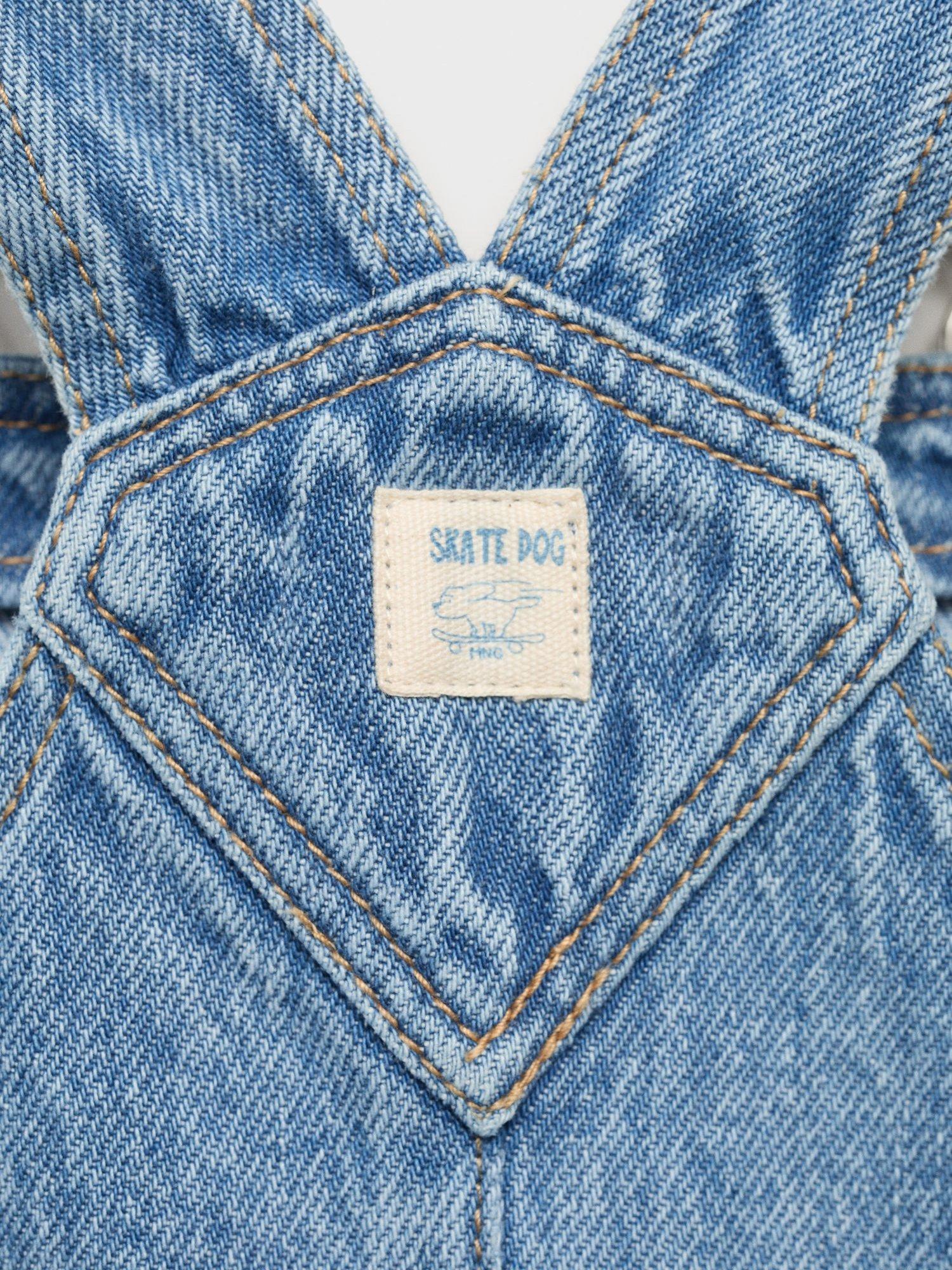 Product image 5 of 7, which shows Mango Kids' Sunset Cotton Denim Shortie Dungarees, Open Blue, 12-18 months