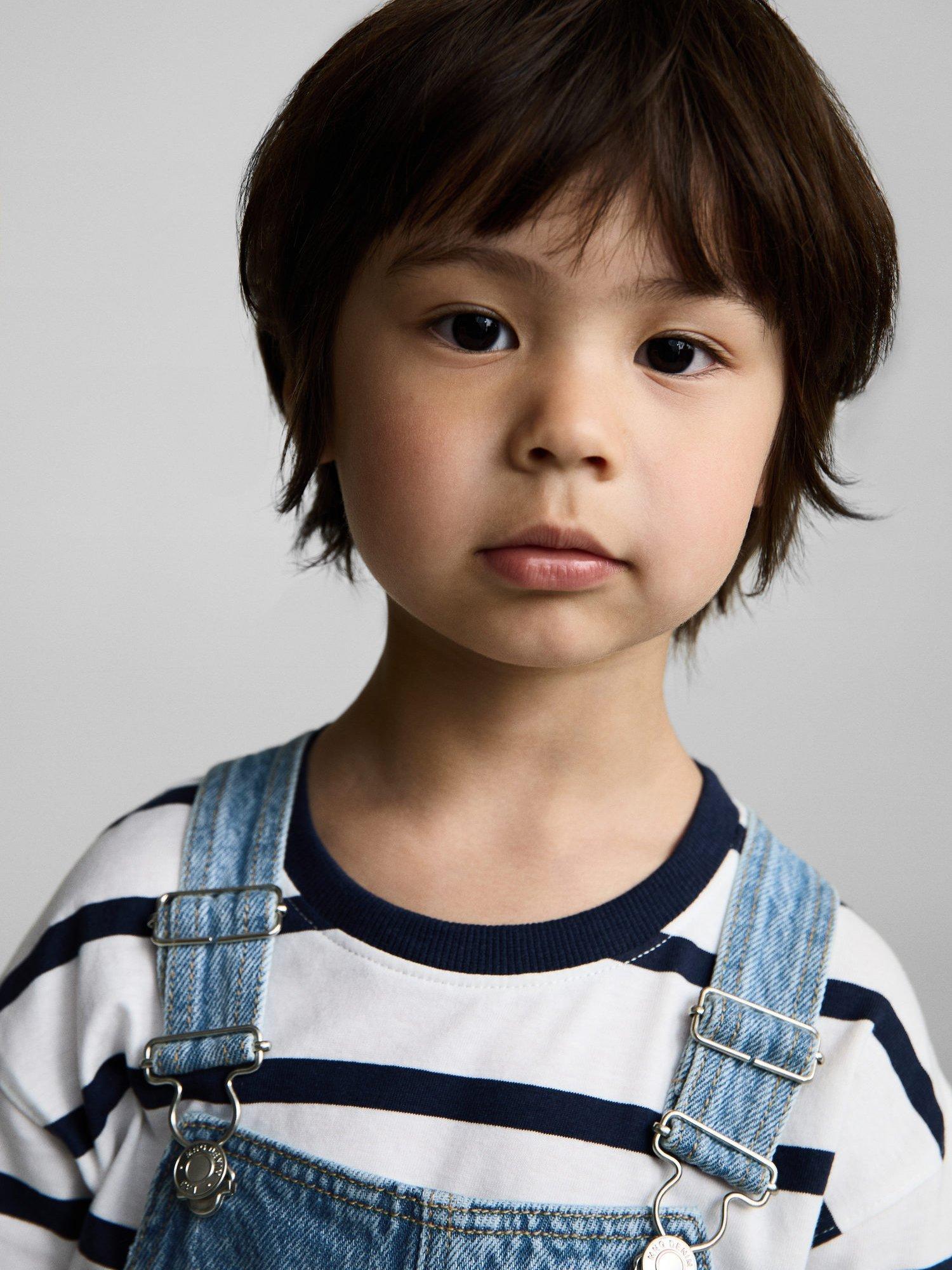 Product image 6 of 7, which shows Mango Kids' Sunset Cotton Denim Shortie Dungarees, Open Blue, 12-18 months
