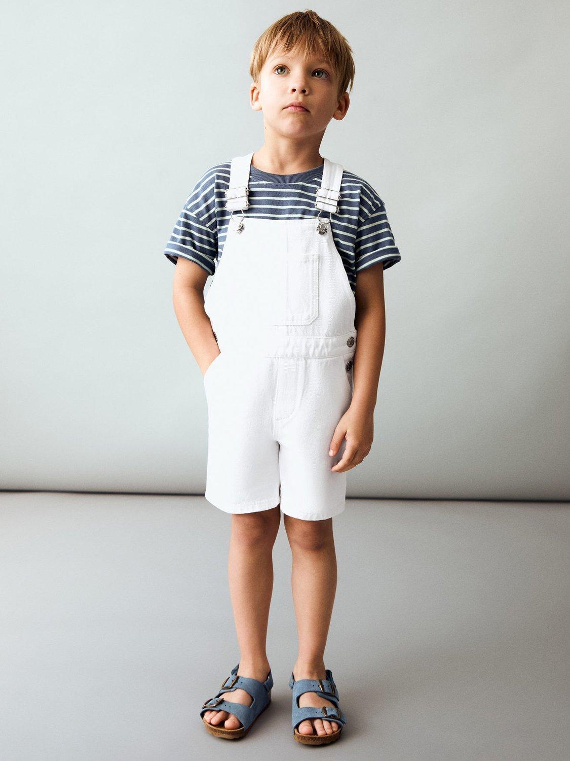Product image 1 of 6, which shows Mango Kids' Sunset Cotton Denim Shortie Dungarees, White, 9-12 months