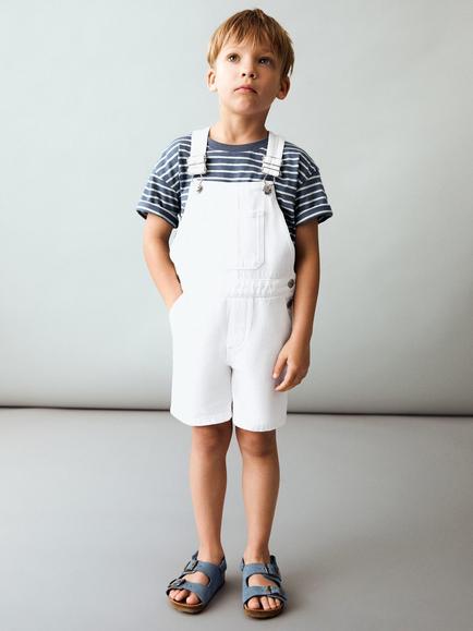 Mango Kids' Sunset Cotton Denim Shortie Dungarees, White