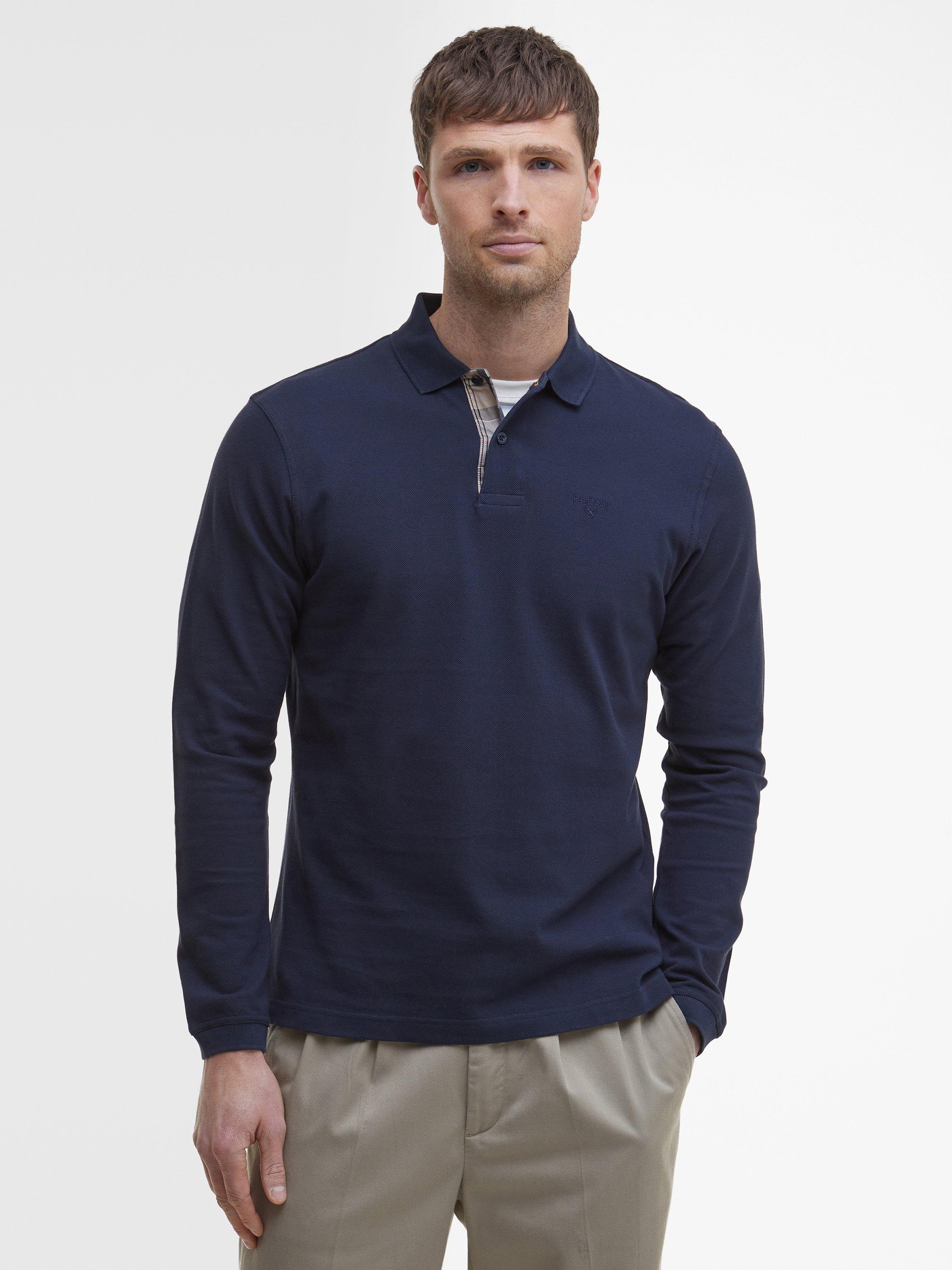Product image 1 of 5, which shows Barbour Long Sleeve Tartan Pique Polo Shirt, Navy, S