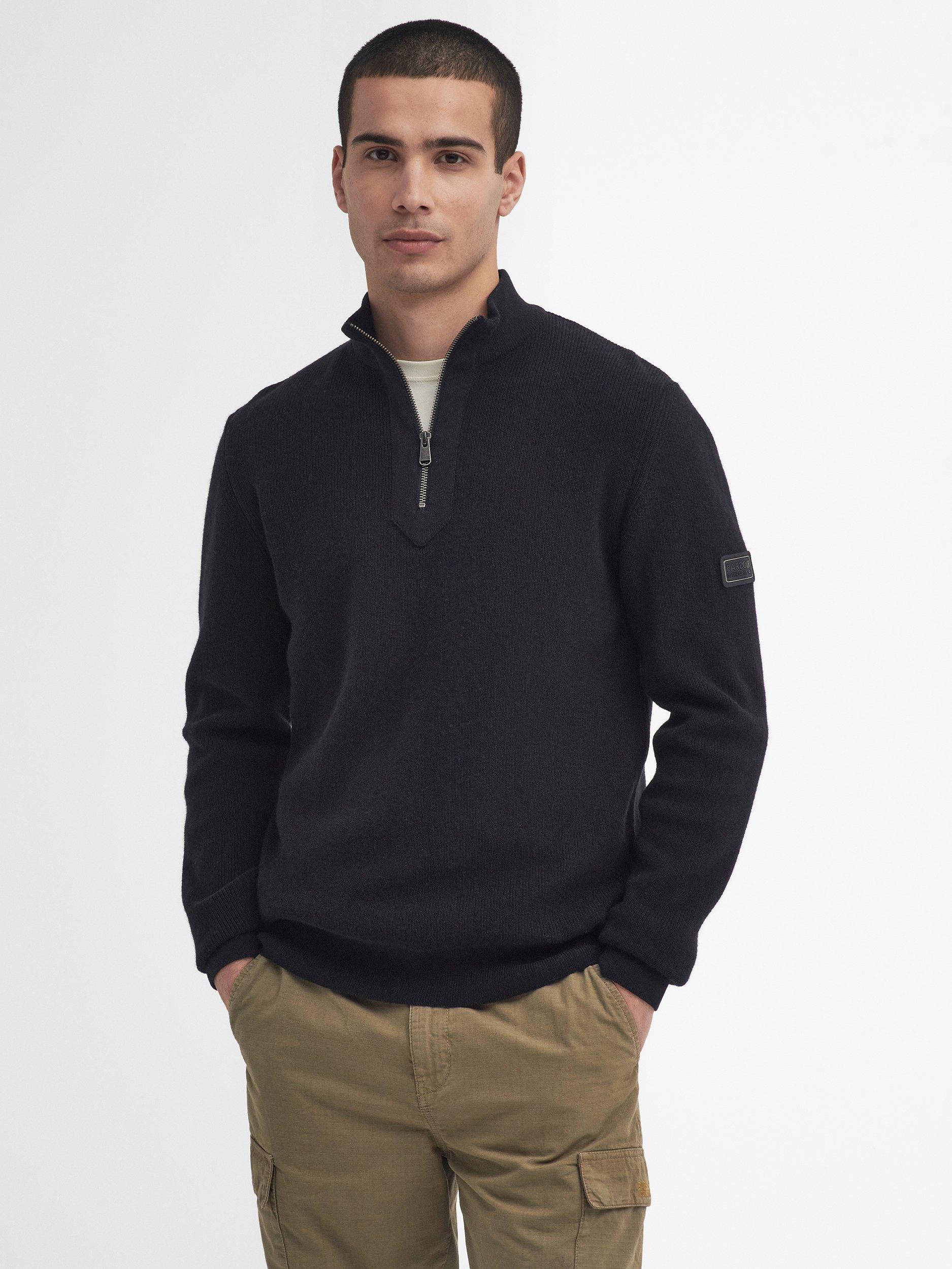 Product image 1 of 7, which shows Barbour International Crawley Half Zip Wool Cotton Blend Jumper, Black, S