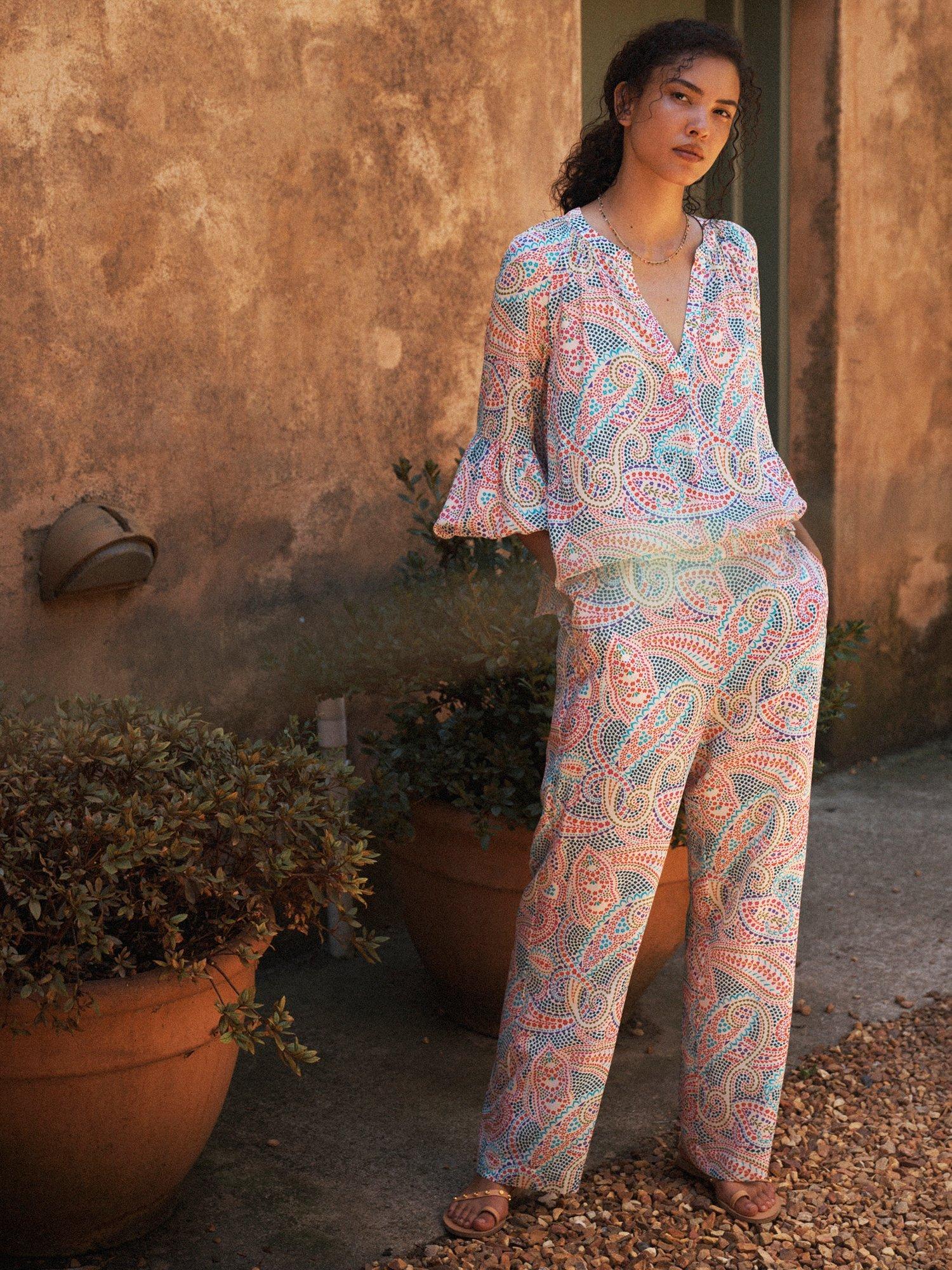 Product image 3 of 7, which shows NRBY Thea Star Paisley Pure Silk Trousers, Star Paisley, 8