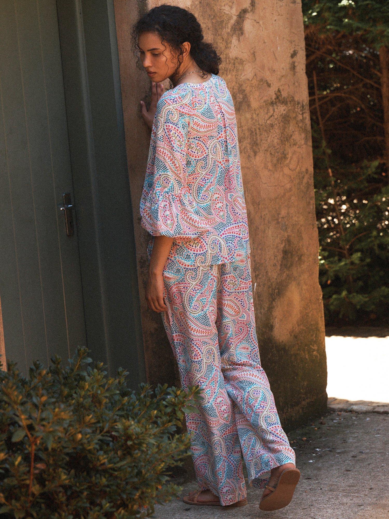 Product image 4 of 7, which shows NRBY Thea Star Paisley Pure Silk Trousers, Star Paisley, 8