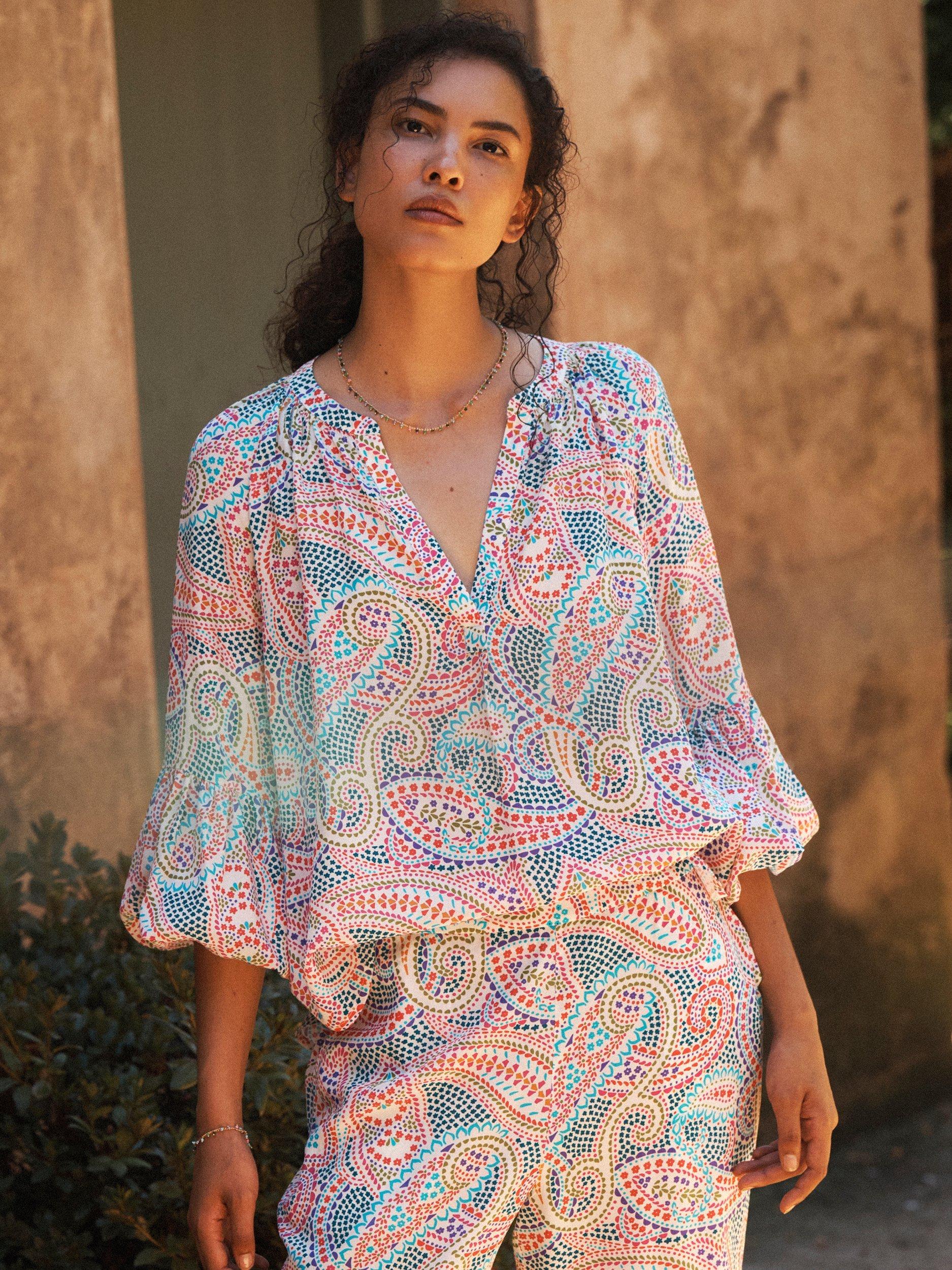 Product image 1 of 8, which shows NRBY Ophelia Star Paisley Pure Silk Shirt, Multi, XS