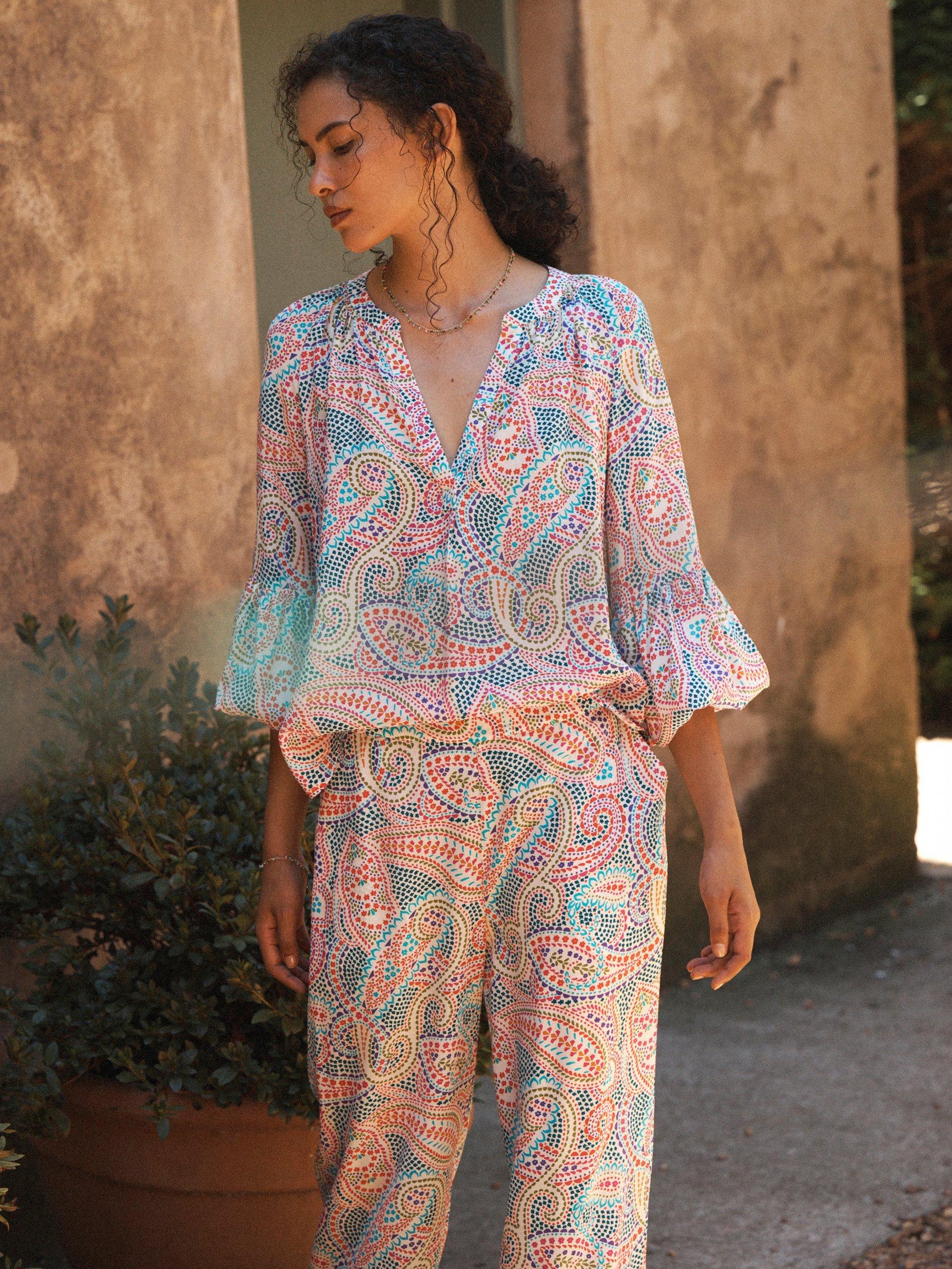Product image 2 of 8, which shows NRBY Ophelia Star Paisley Pure Silk Shirt, Multi, XS