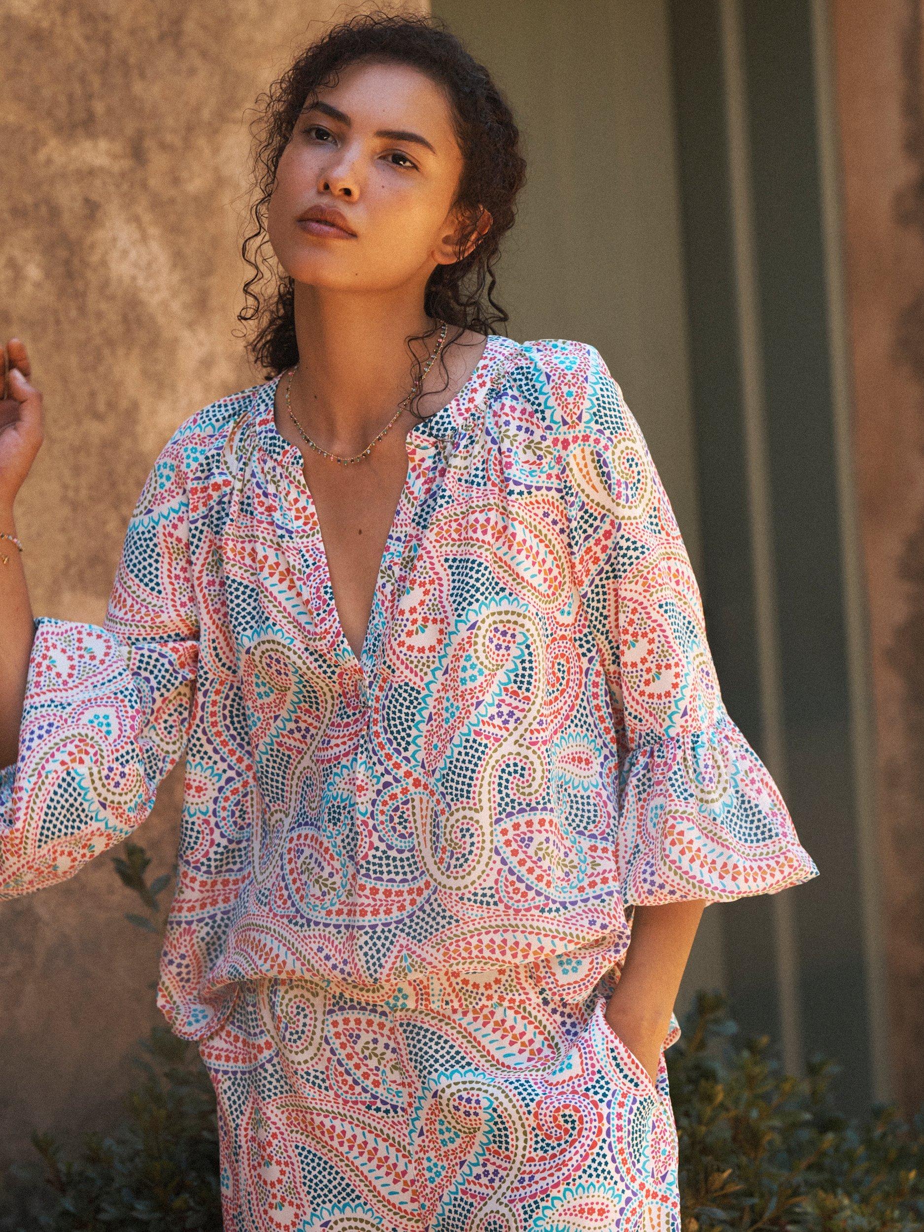 Product image 7 of 8, which shows NRBY Ophelia Star Paisley Pure Silk Shirt, Multi, XS