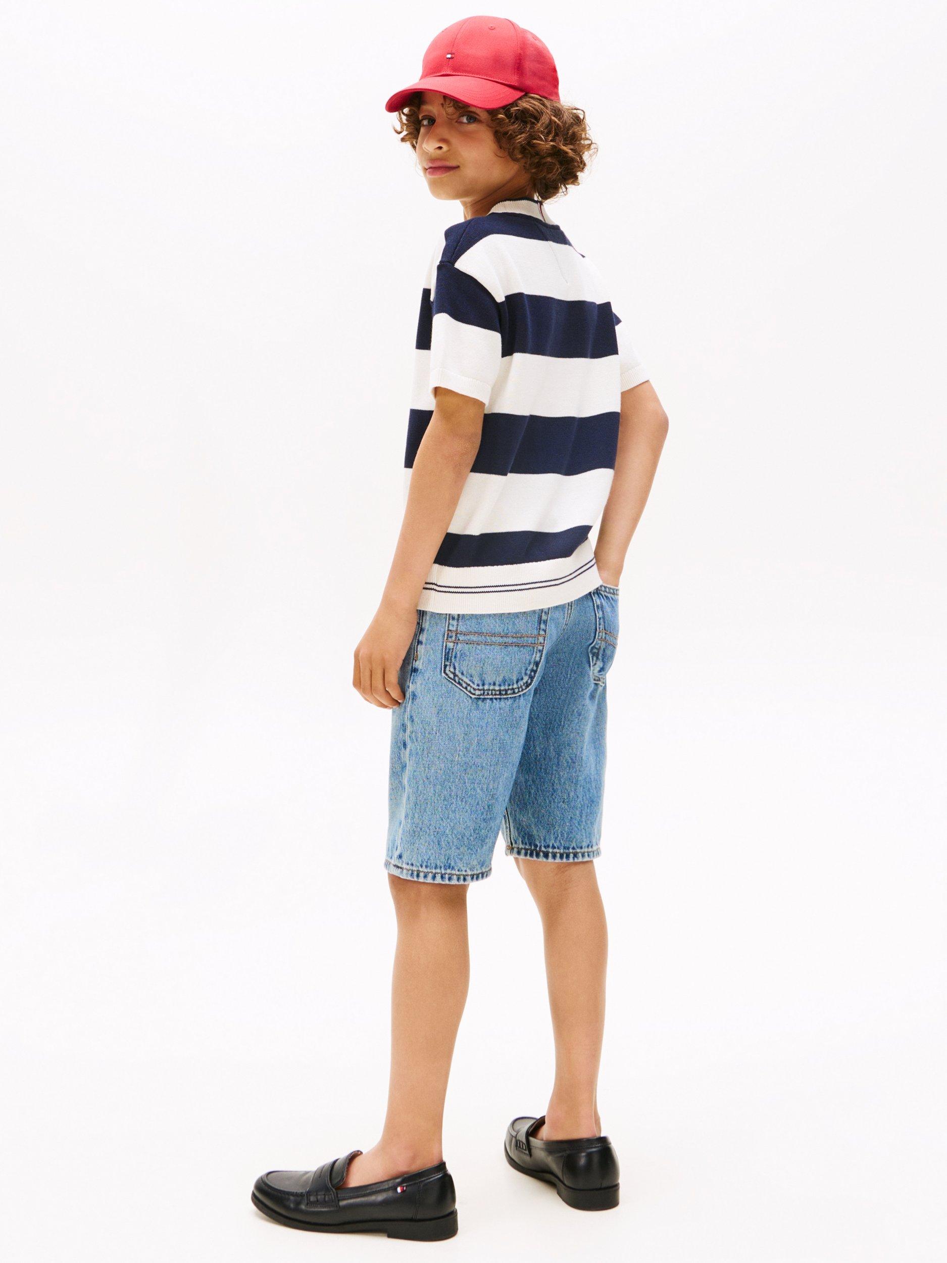 Product image 2 of 5, which shows Tommy Hilfiger Kids' Rugby Stripe Short Sleeve Jumper, Blue, 3 years