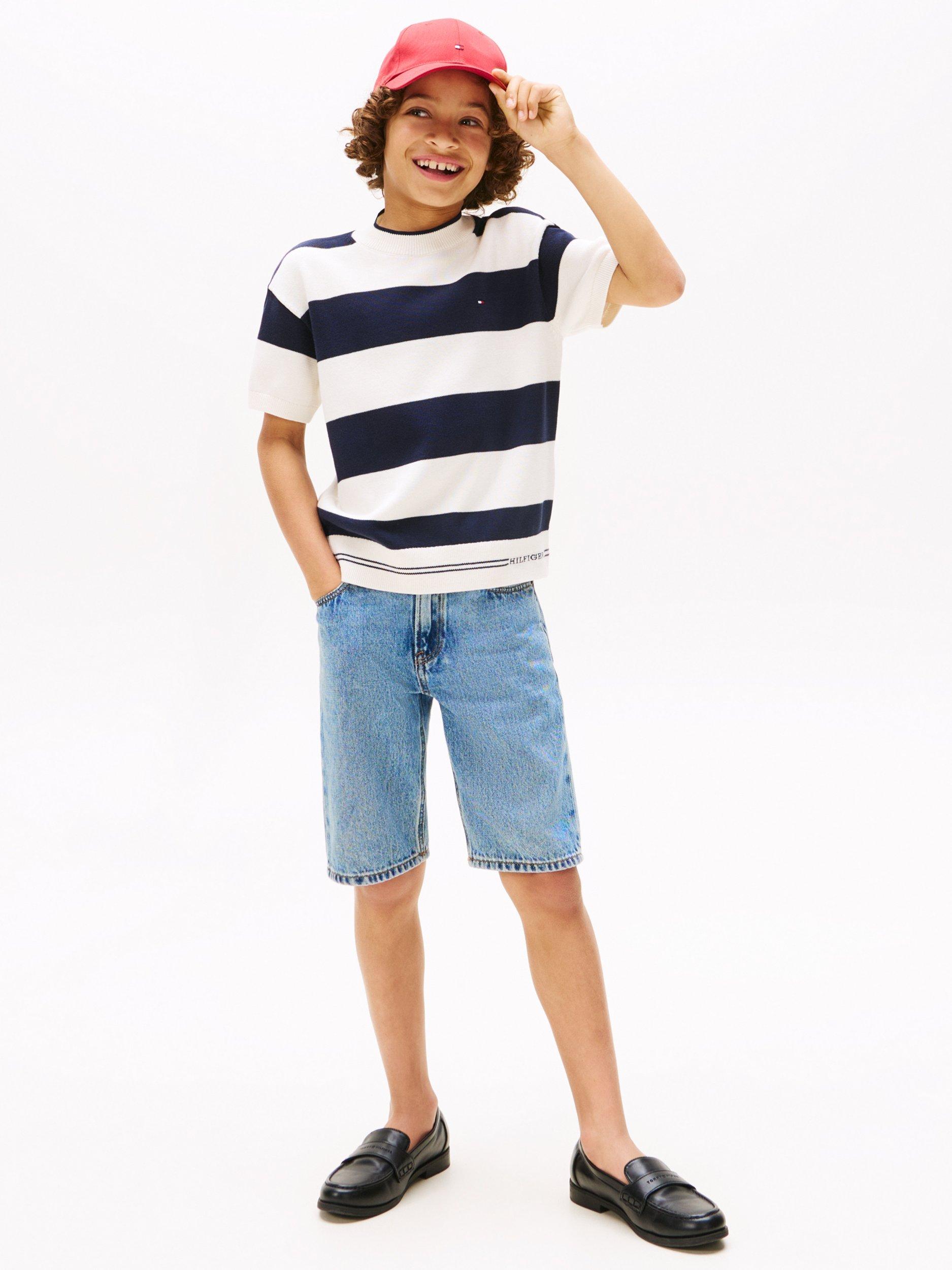 Product image 3 of 5, which shows Tommy Hilfiger Kids' Rugby Stripe Short Sleeve Jumper, Blue, 3 years