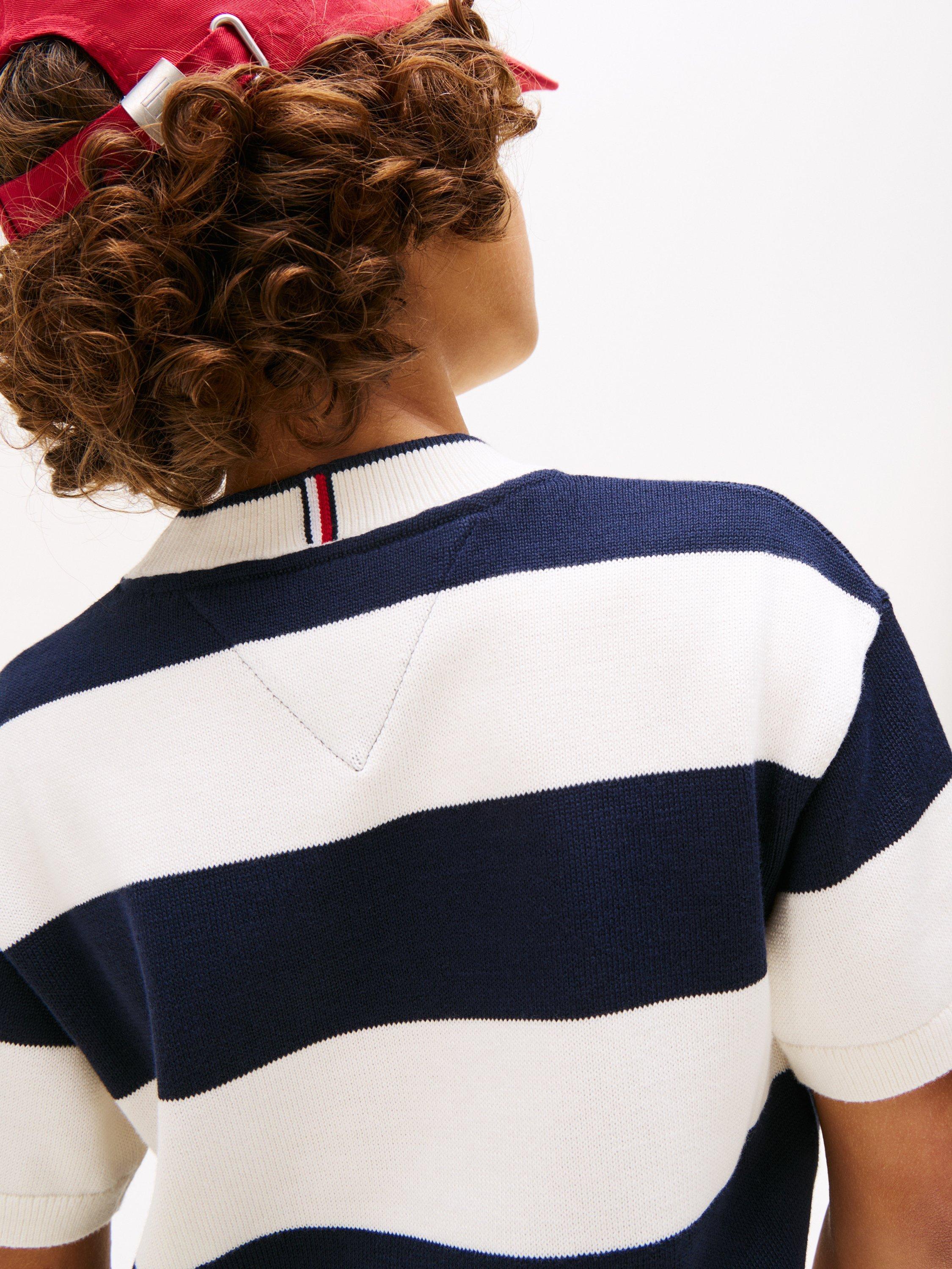 Product image 4 of 5, which shows Tommy Hilfiger Kids' Rugby Stripe Short Sleeve Jumper, Blue, 3 years