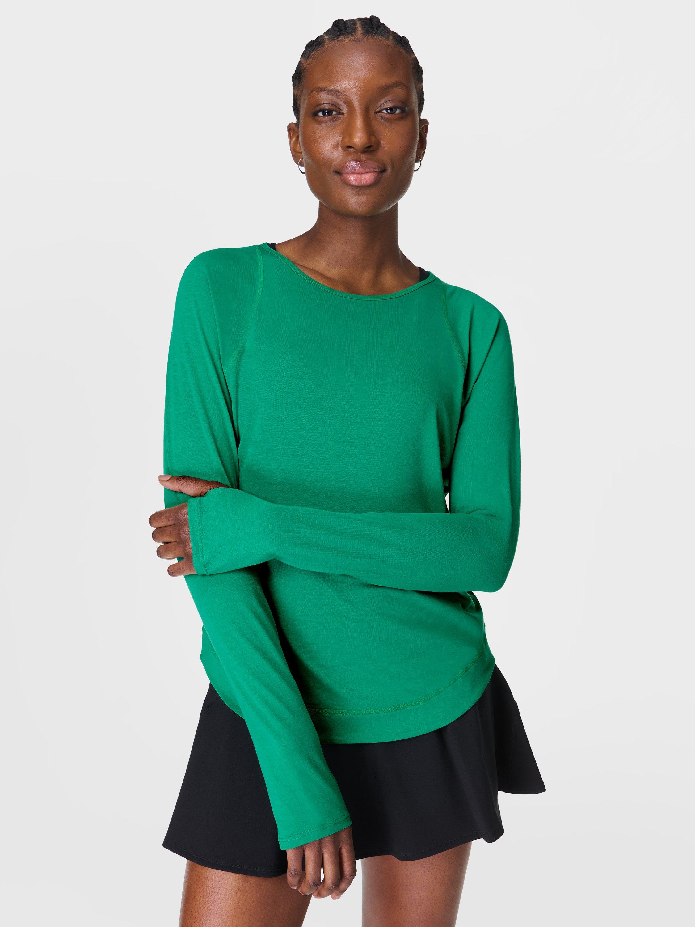 Product image 1 of 7, which shows Sweaty Betty Breezy Long Sleeve Top, Vivid Green, XXS
