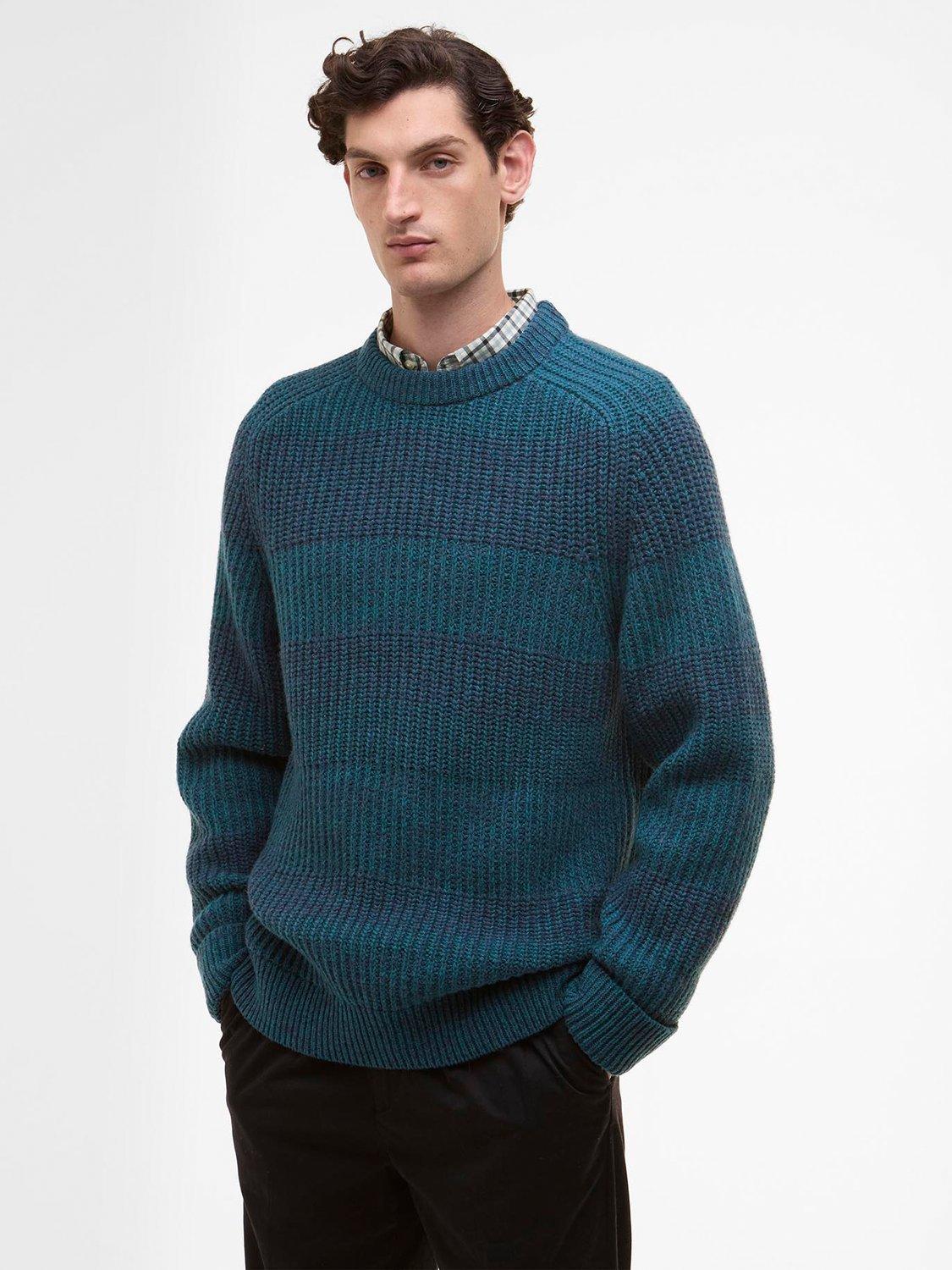 Product image 1 of 10, which shows Barbour X Paul Smith Lambswool Saddle Crew Neck Jumper, Rosette Blue, S