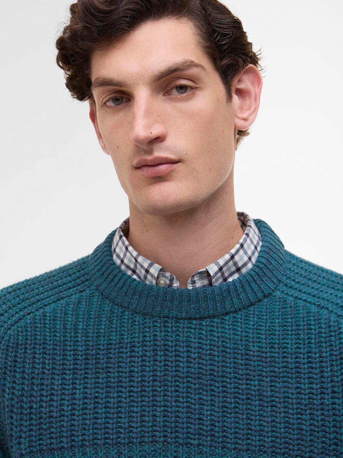 Product image 3 of 10, which shows Barbour X Paul Smith Lambswool Saddle Crew Neck Jumper, Rosette Blue, S